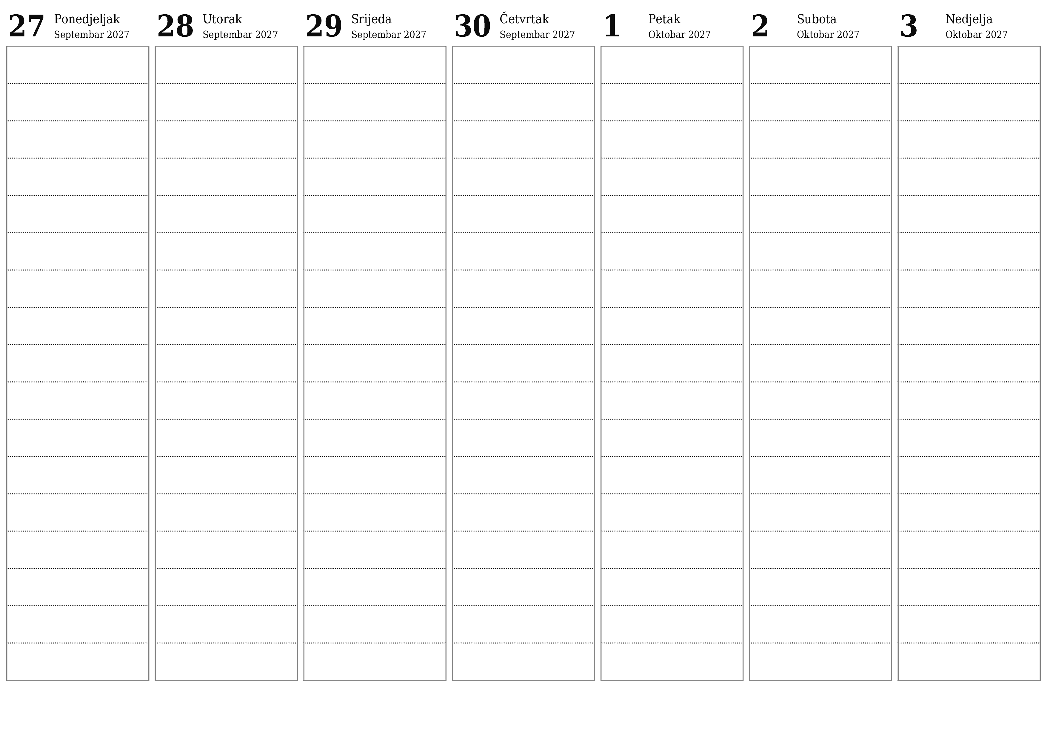 Ispraznite sedmični planer za sedmice Oktobar 2027 s bilješkama, spremite i ispišite u PDF PNG Bosnian