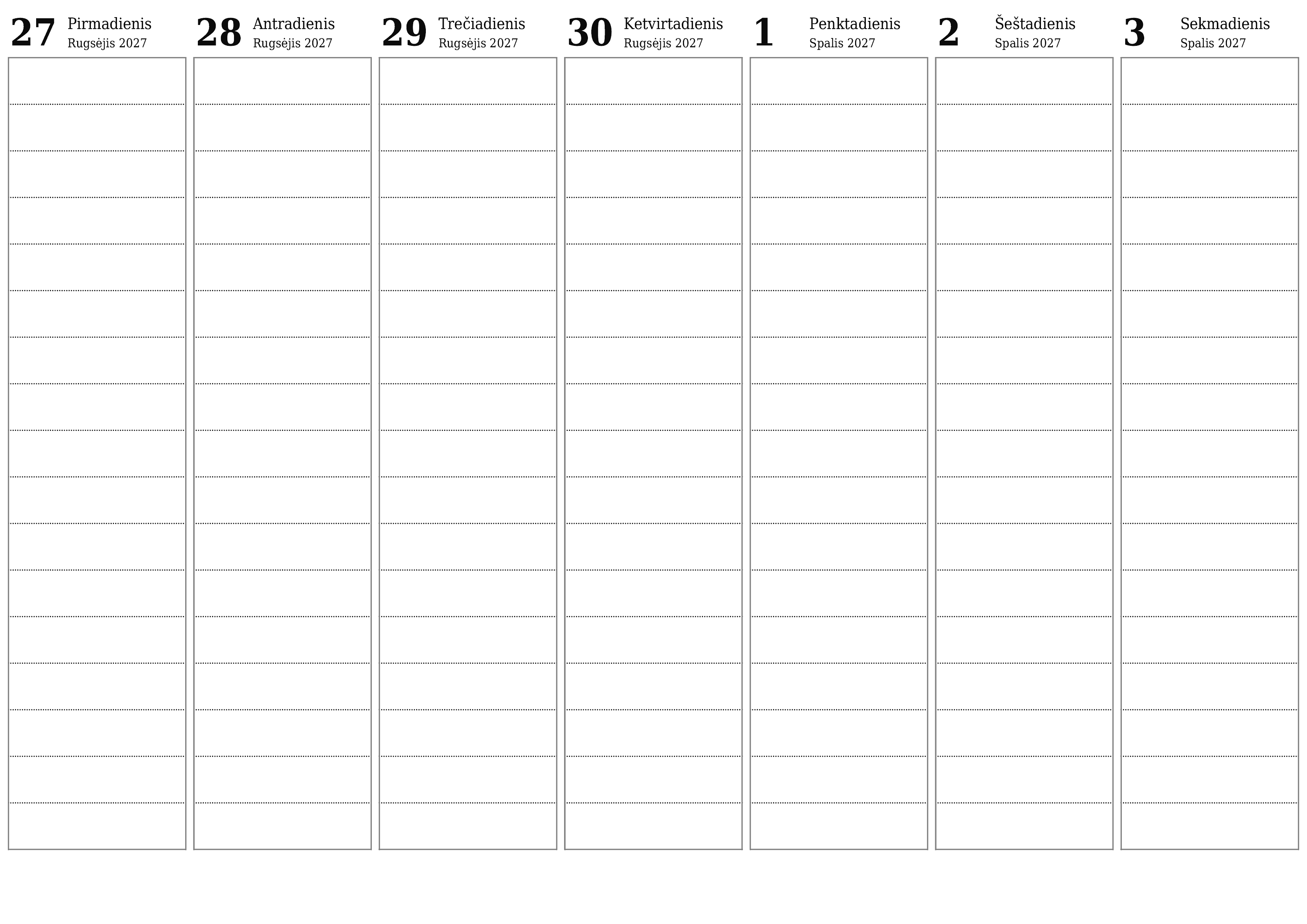 Ištuštinti savaitės planavimo priemonę savaitėms Spalis 2027 su užrašais, išsaugoti ir atsispausdinti PDF formate PNG Lithuanian