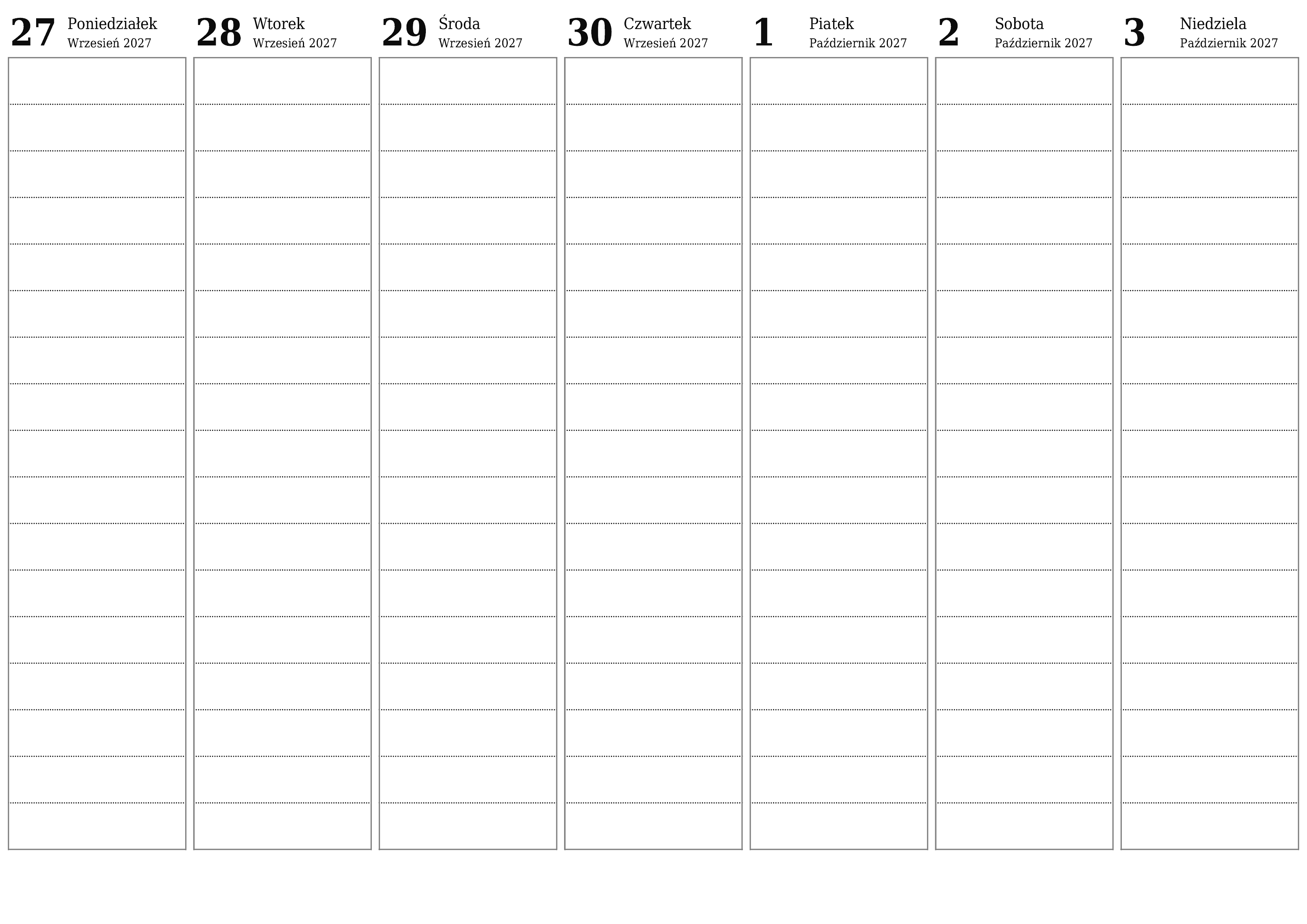 Opróżnij tygodniowy planer na tygodnie Październik 2027 z notatkami, zapisz i wydrukuj w formacie PDF PNG Polish