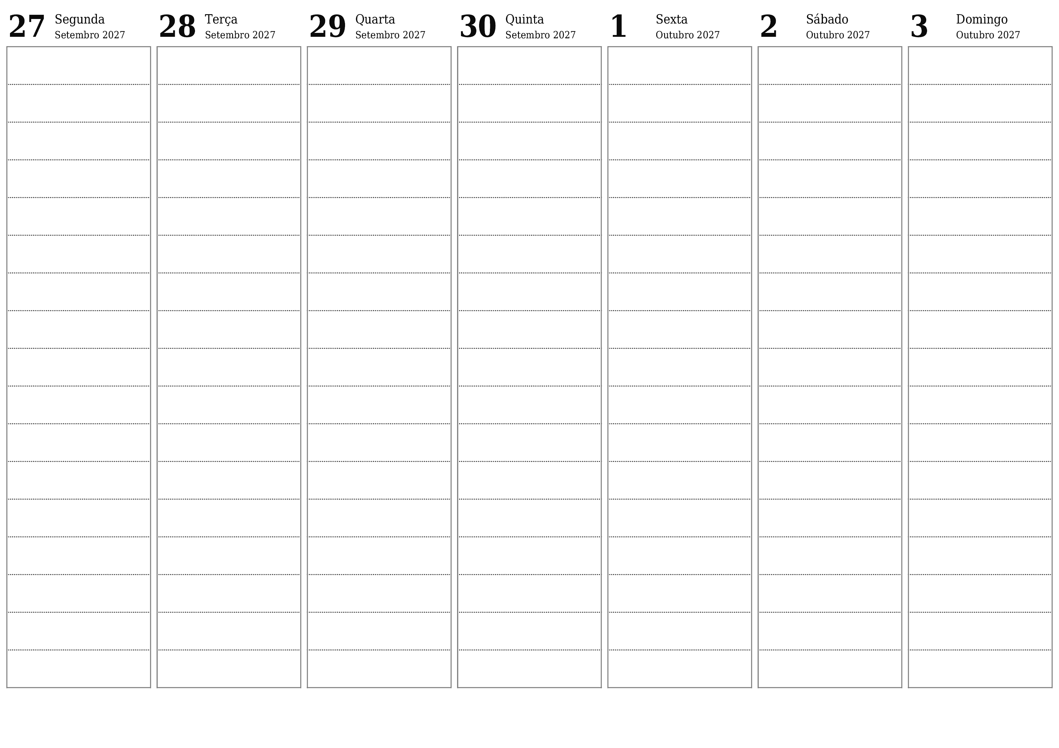 Esvazie o planejador semanal por semanas Outubro 2027 com notas, salve e imprima em PDF PNG Portuguese