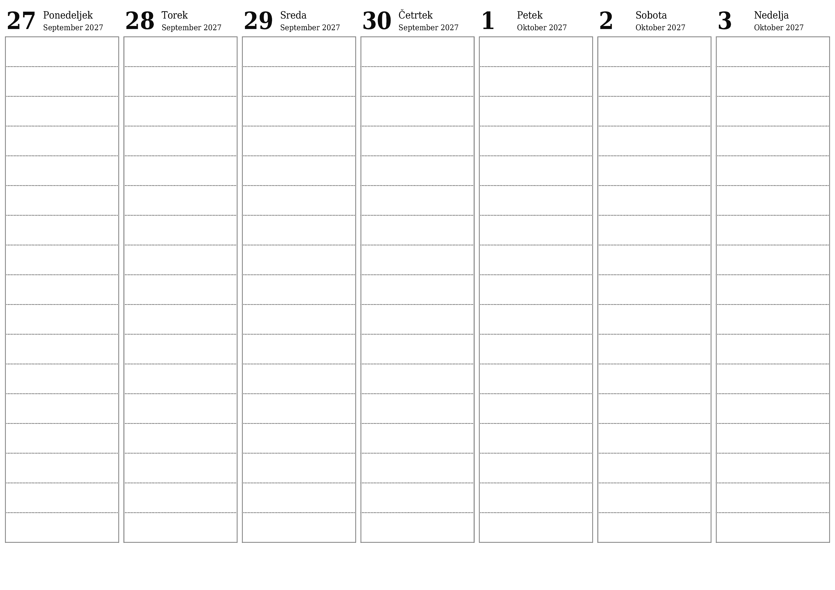 Prazen tedenski koledarski načrtovalec za tedne Oktober 2027 z opombami za tiskanje v PDF PNG Slovenian