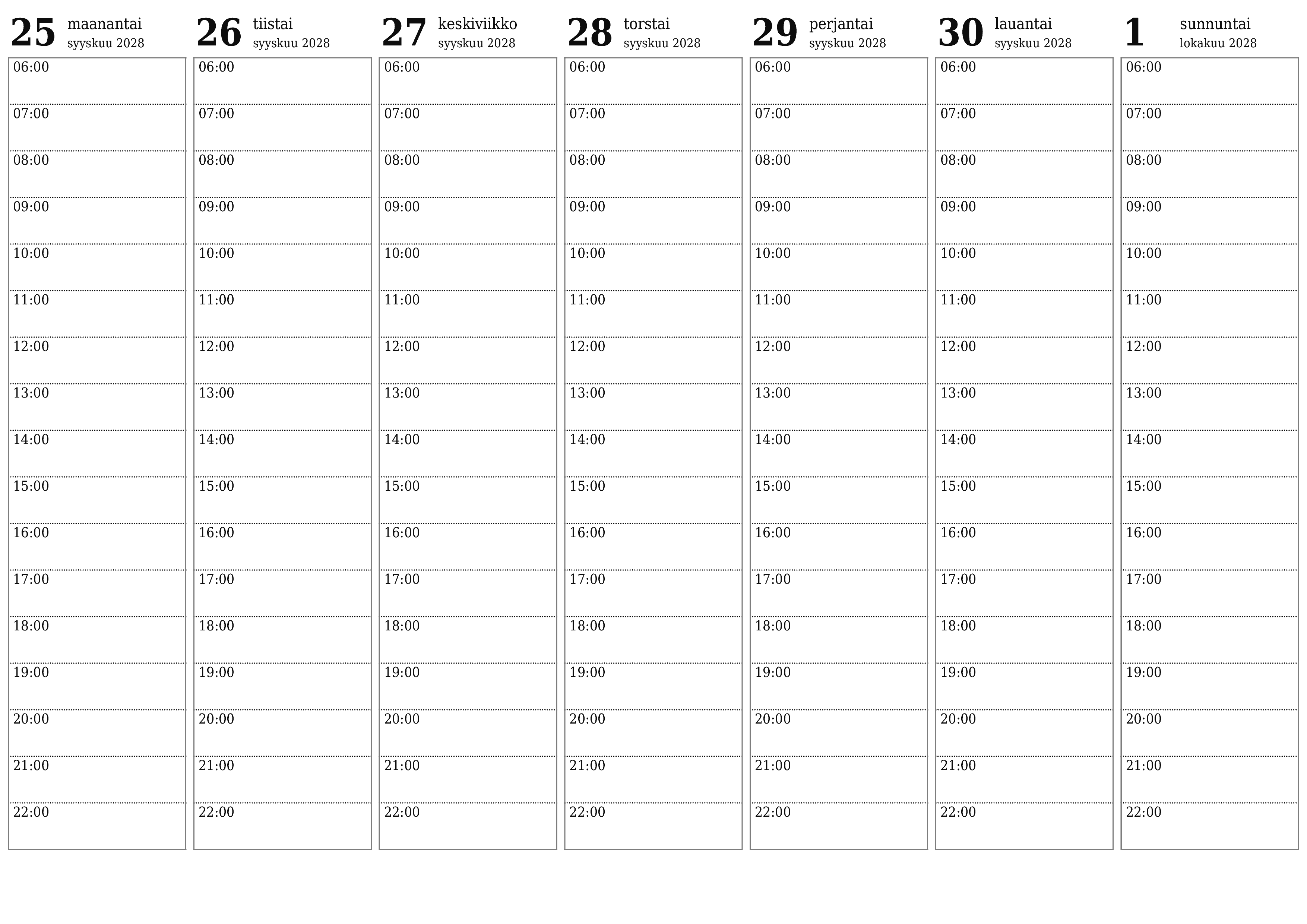 Tyhjennä viikkosuunnittelija viikkojen ajan Lokakuu 2028 muistiinpanoilla, tallenna ja tulosta PDF-muotoon PNG Finnish