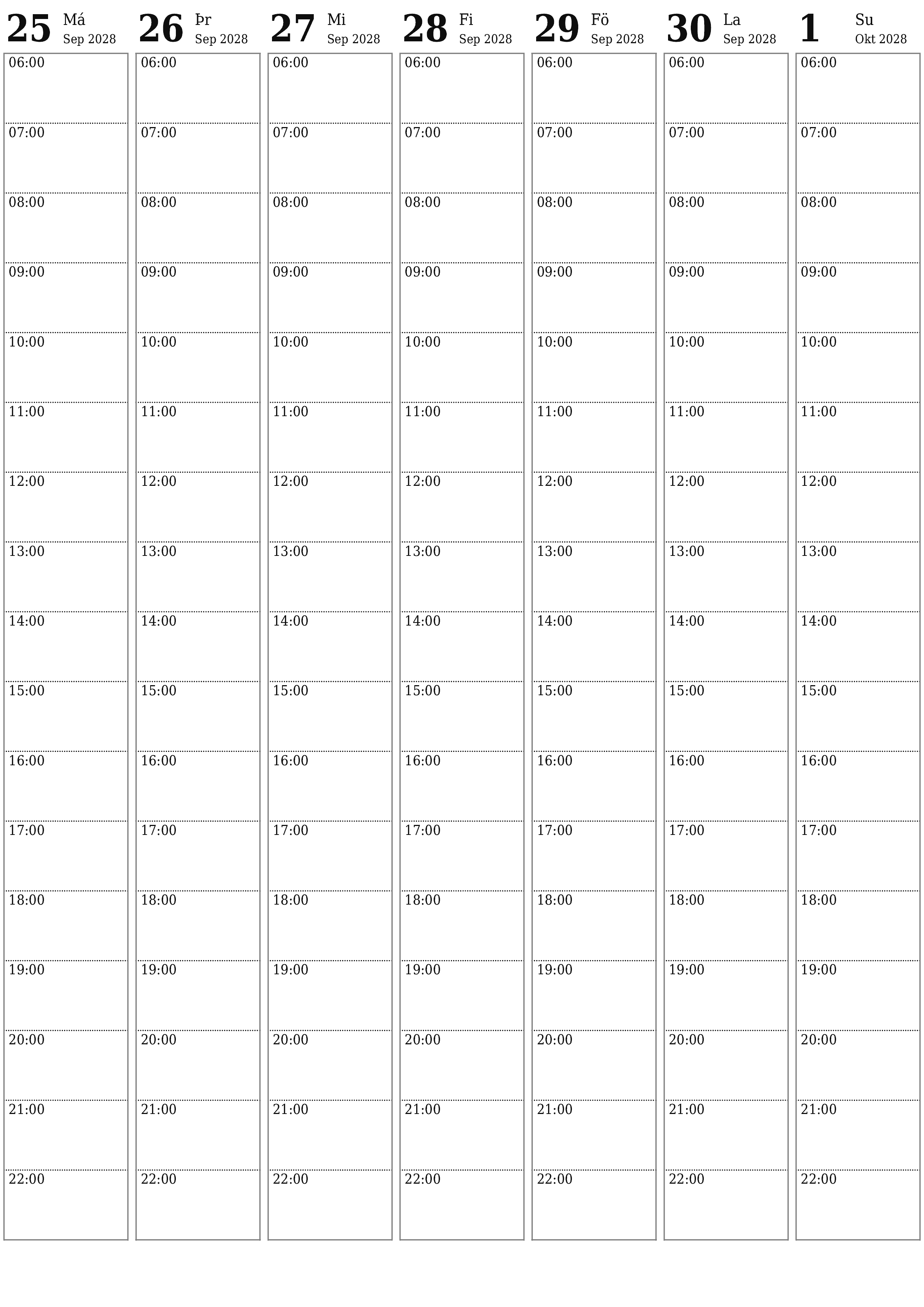 Tómur vikulegur skipuleggjandi vikum saman Október 2028 með athugasemdum, vistaðu og prentaðu á PDF PNG Icelandic