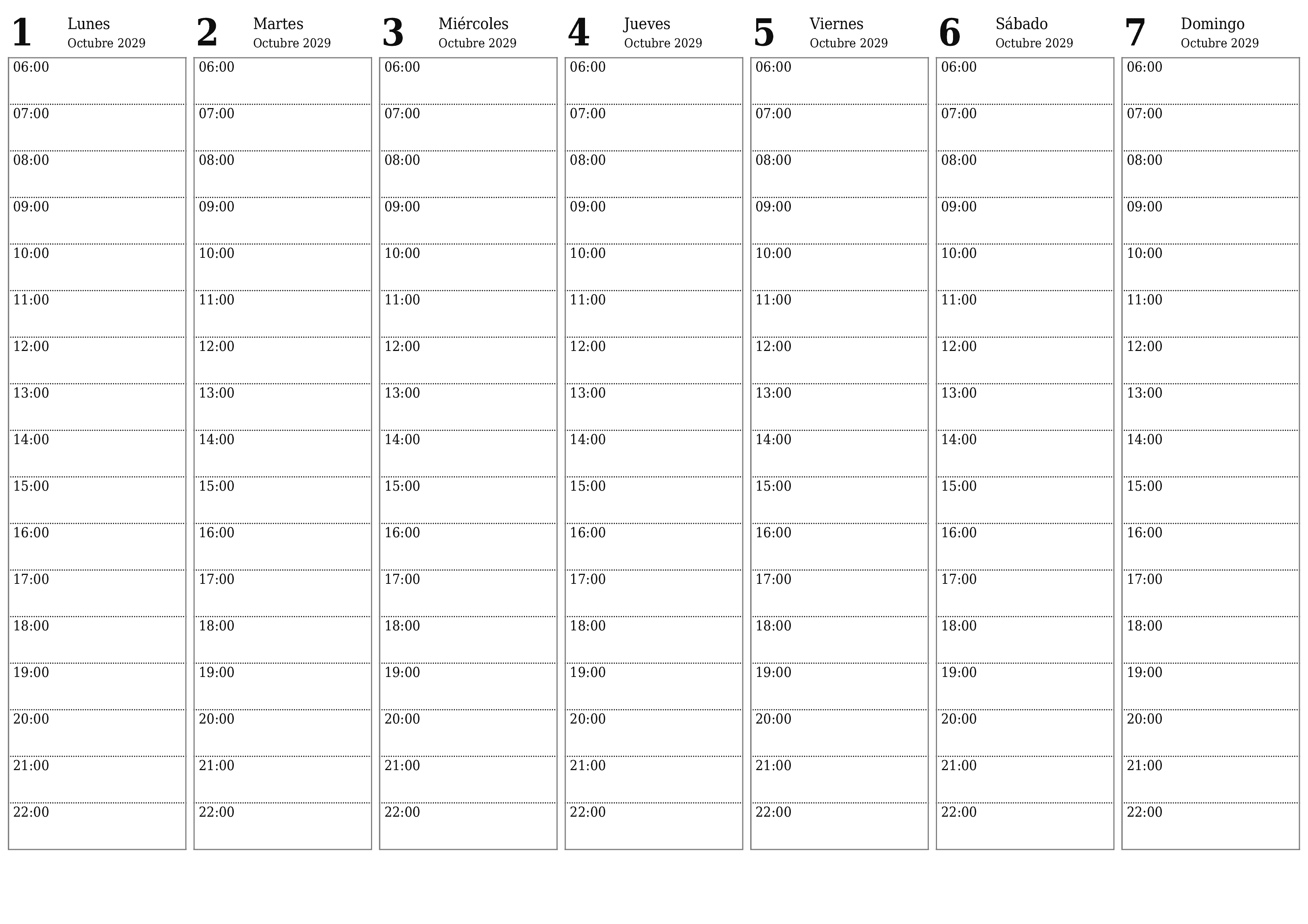 Planificador semanal vacío para semanas Octubre 2029 con notas, guardar e imprimir en PDF PNG Spanish