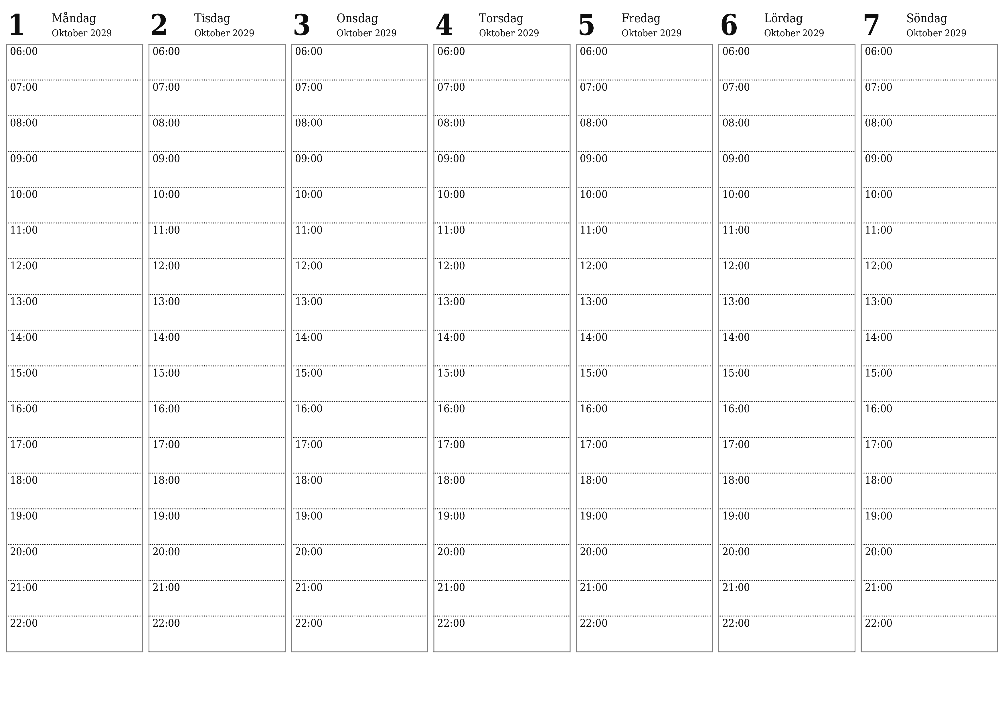 utskrivbar vägg mall gratis horisontell Veckovis planerare kalender Oktober (Okt) 2029