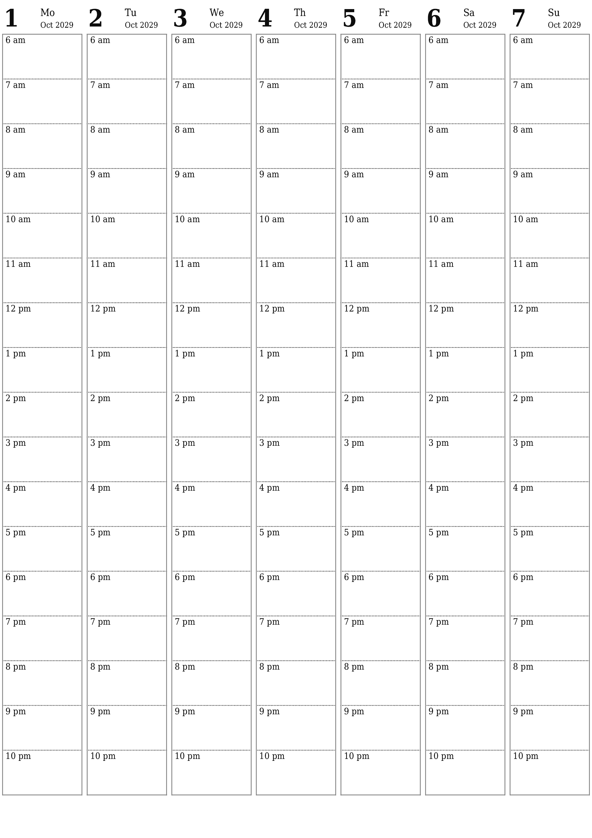 printable wall template free vertical Weekly planner calendar October (Oct) 2029