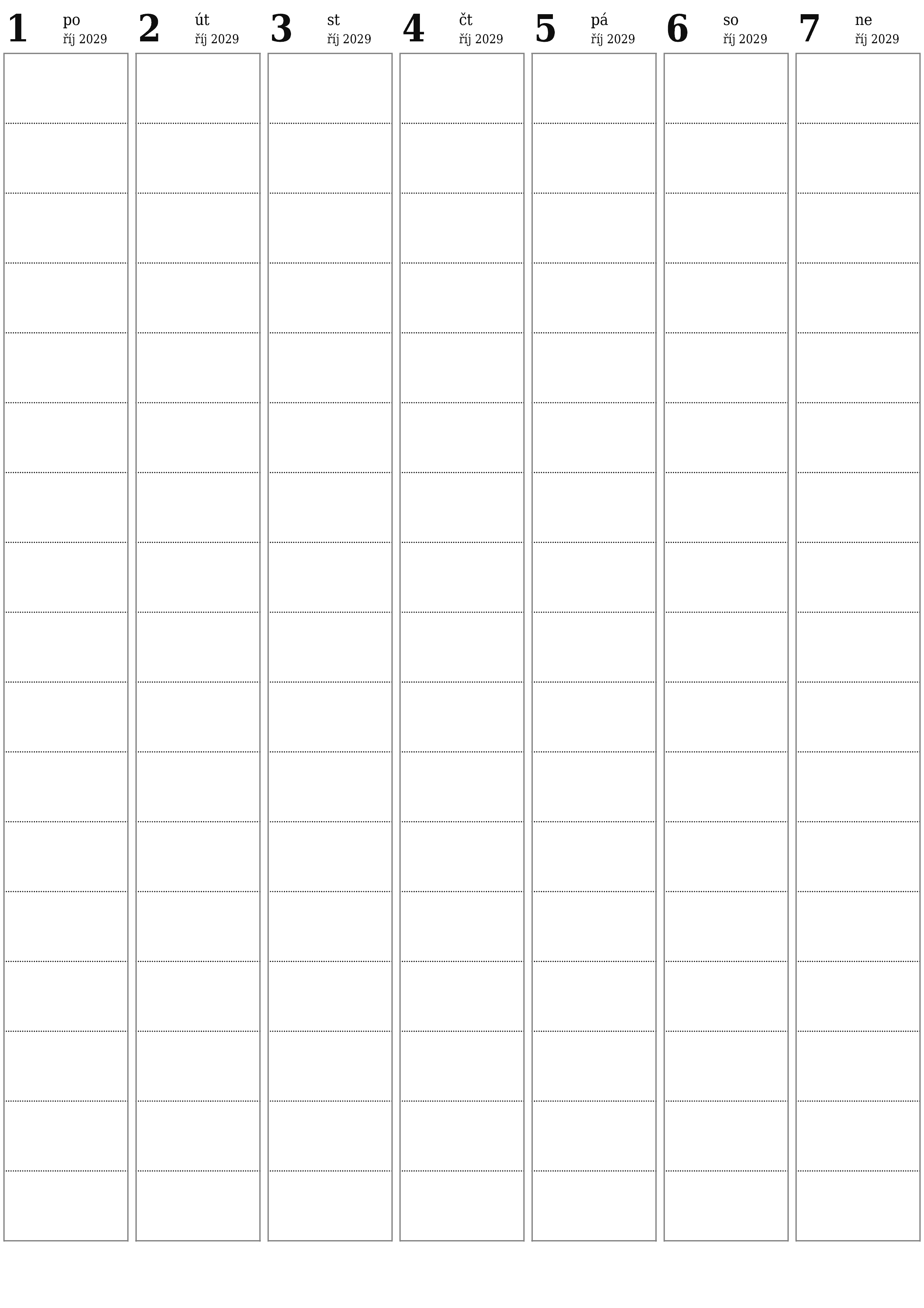 Prázdný týdenní plánovač na týdny říjen 2029 s poznámkami, uložením a tiskem do PDF PNG Czech