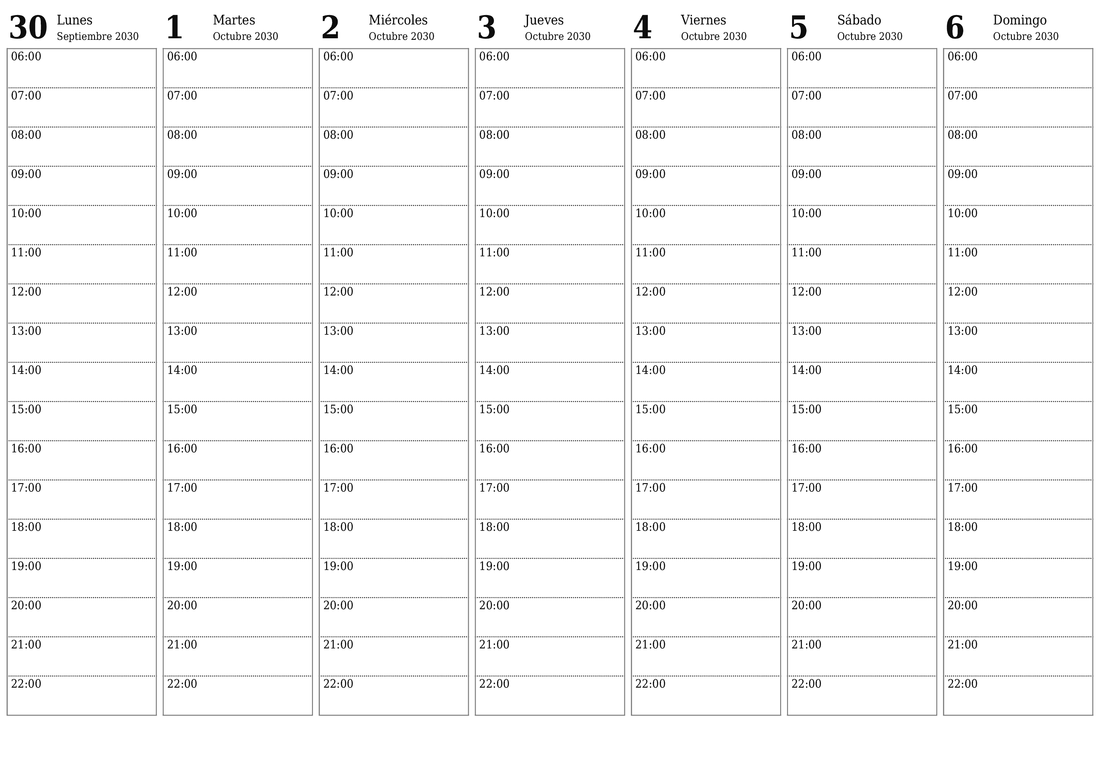 Planificador semanal vacío para semanas Octubre 2030 con notas, guardar e imprimir en PDF PNG Spanish