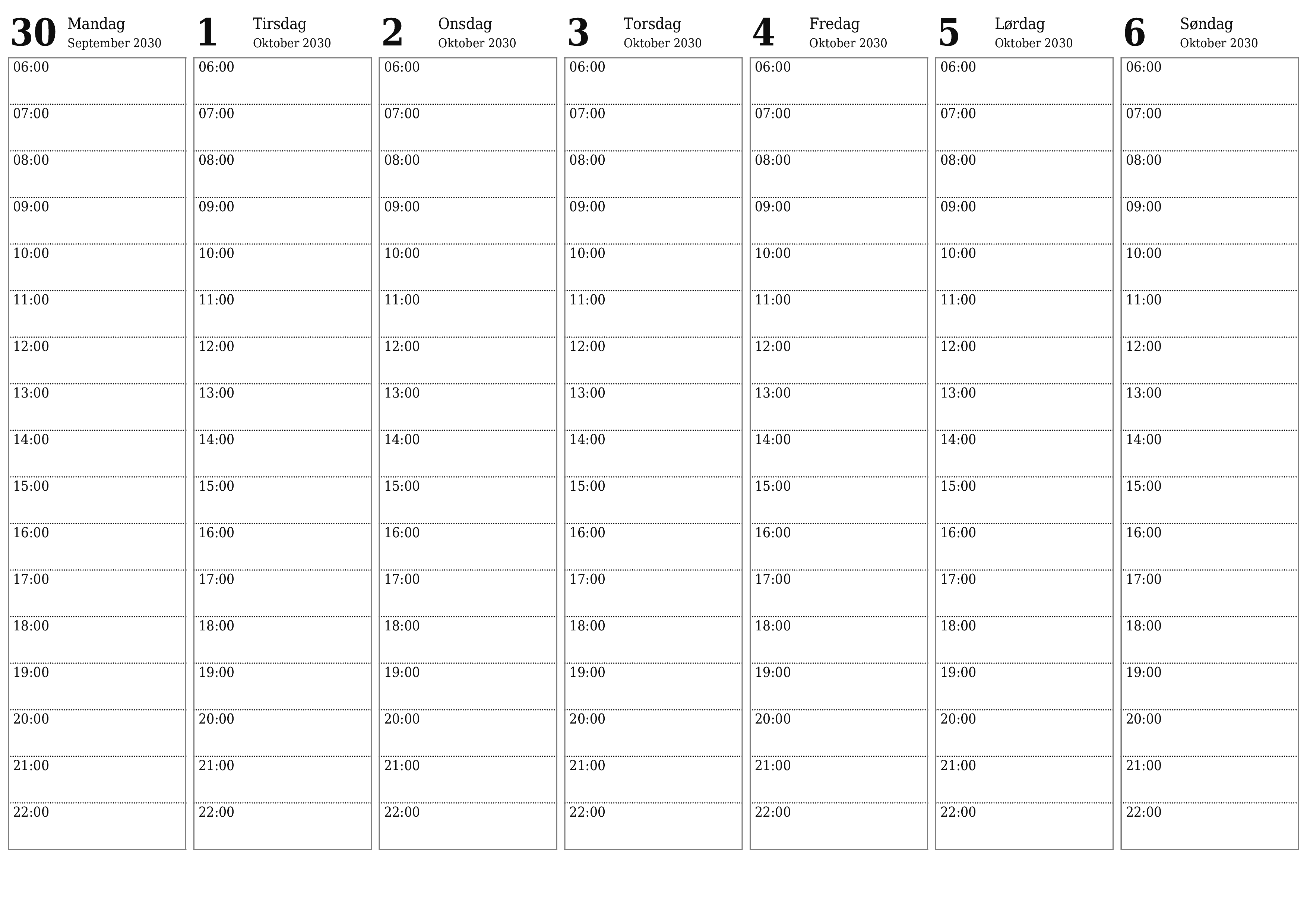 utskrivbar vegg mal gratis horisontal Ukentlig planlegger kalender Oktober (Okt) 2030