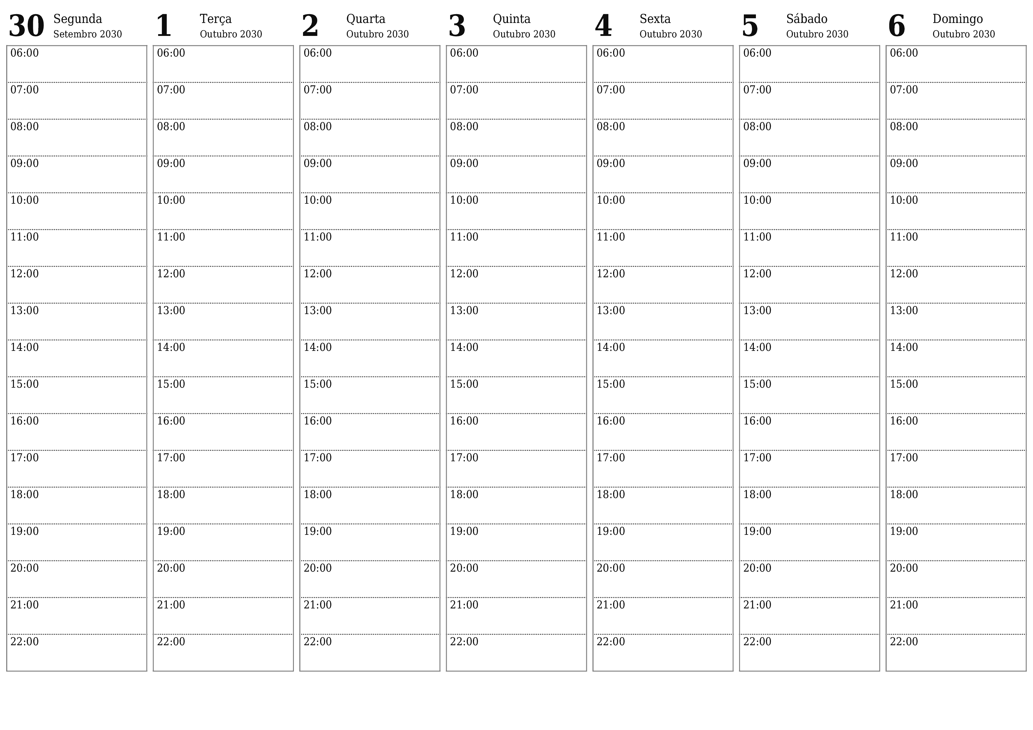 Esvazie o planejador semanal por semanas Outubro 2030 com notas, salve e imprima em PDF PNG Portuguese
