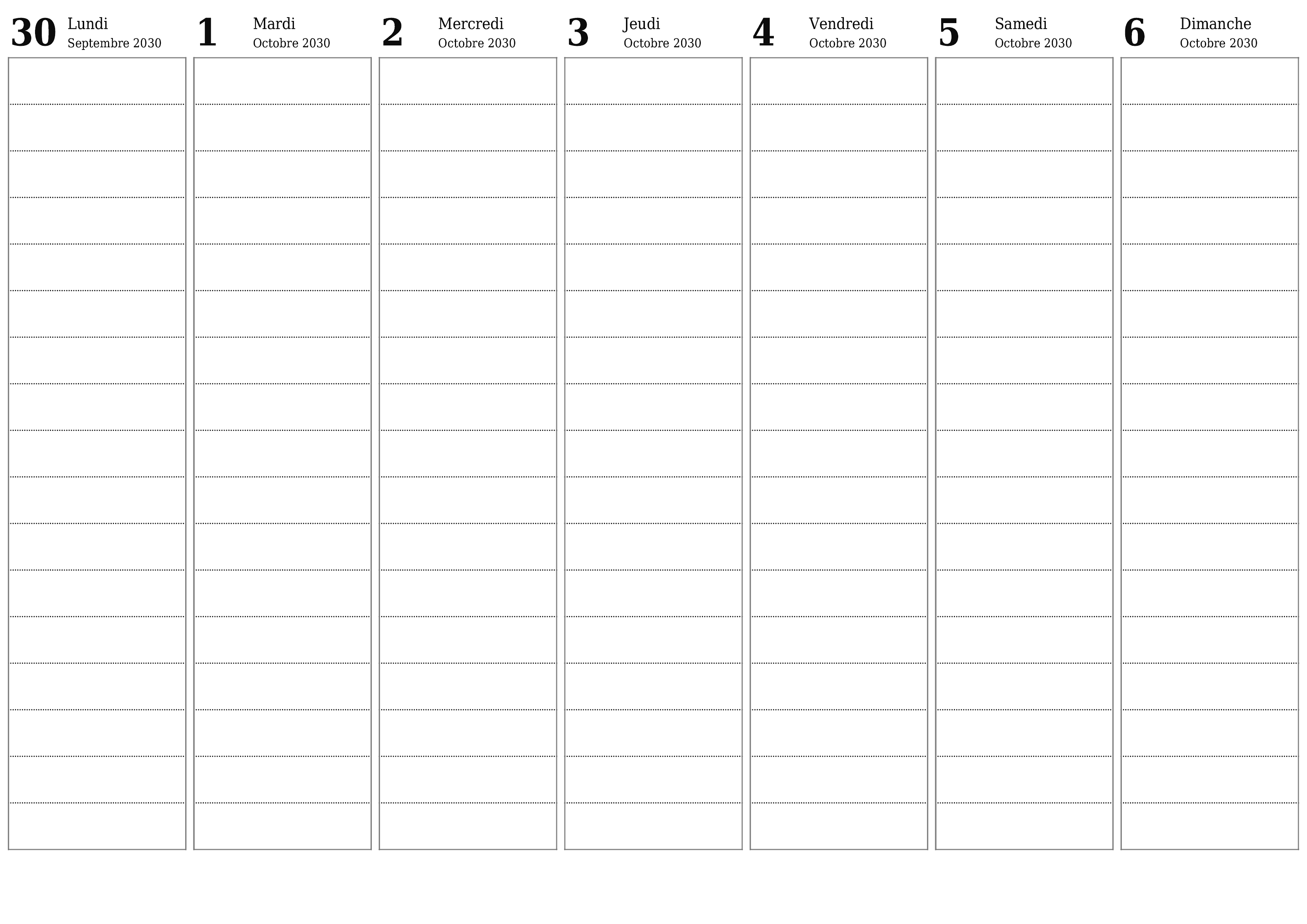 Agenda hebdomadaire vide pendant des semaines Octobre 2030 avec notes, enregistrez et imprimez au format PDF PNG French