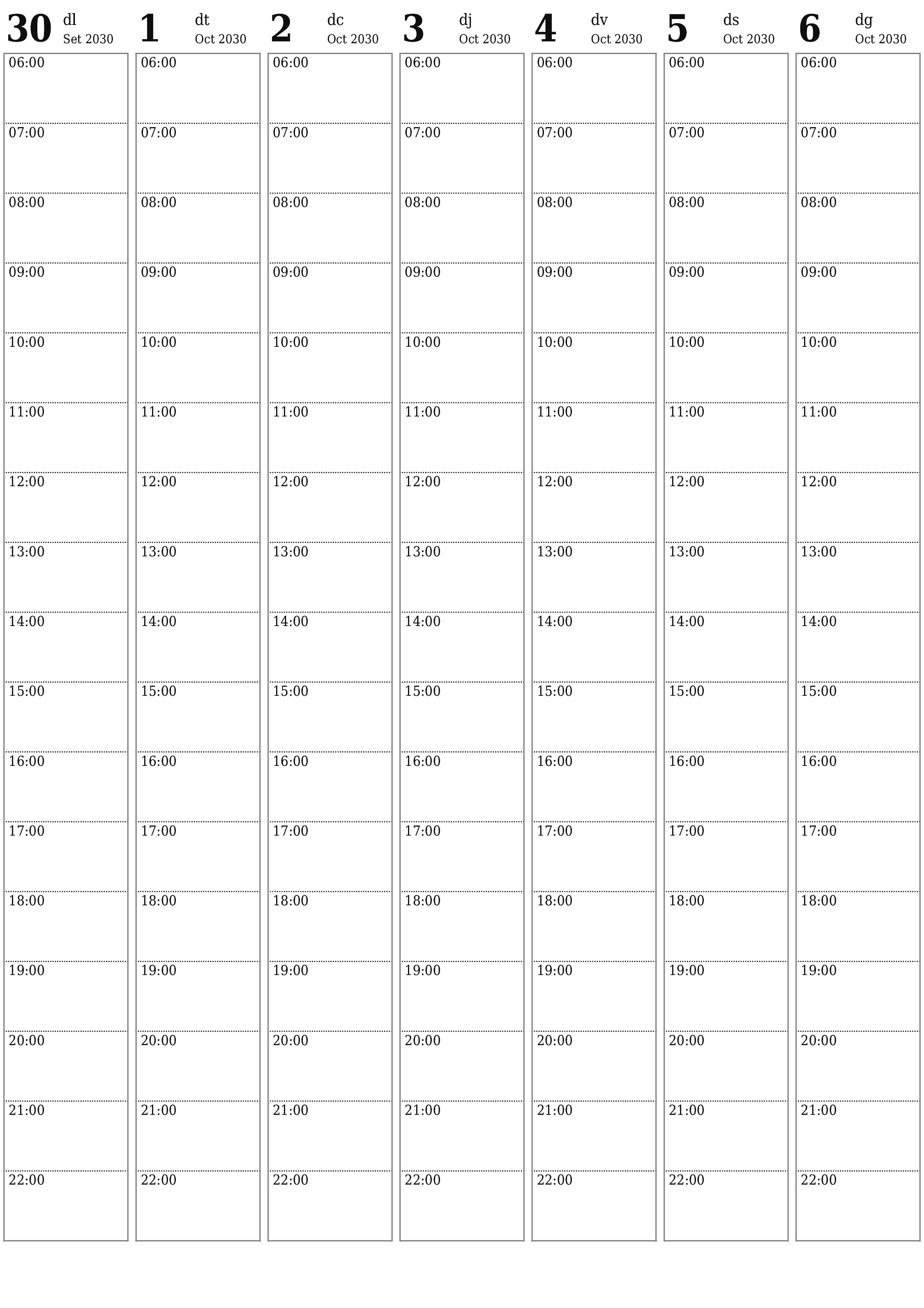 Planificador setmanal buit durant setmanes Octubre 2030 amb notes, deseu-lo i imprimiu-lo en format PDF PNG Catalan