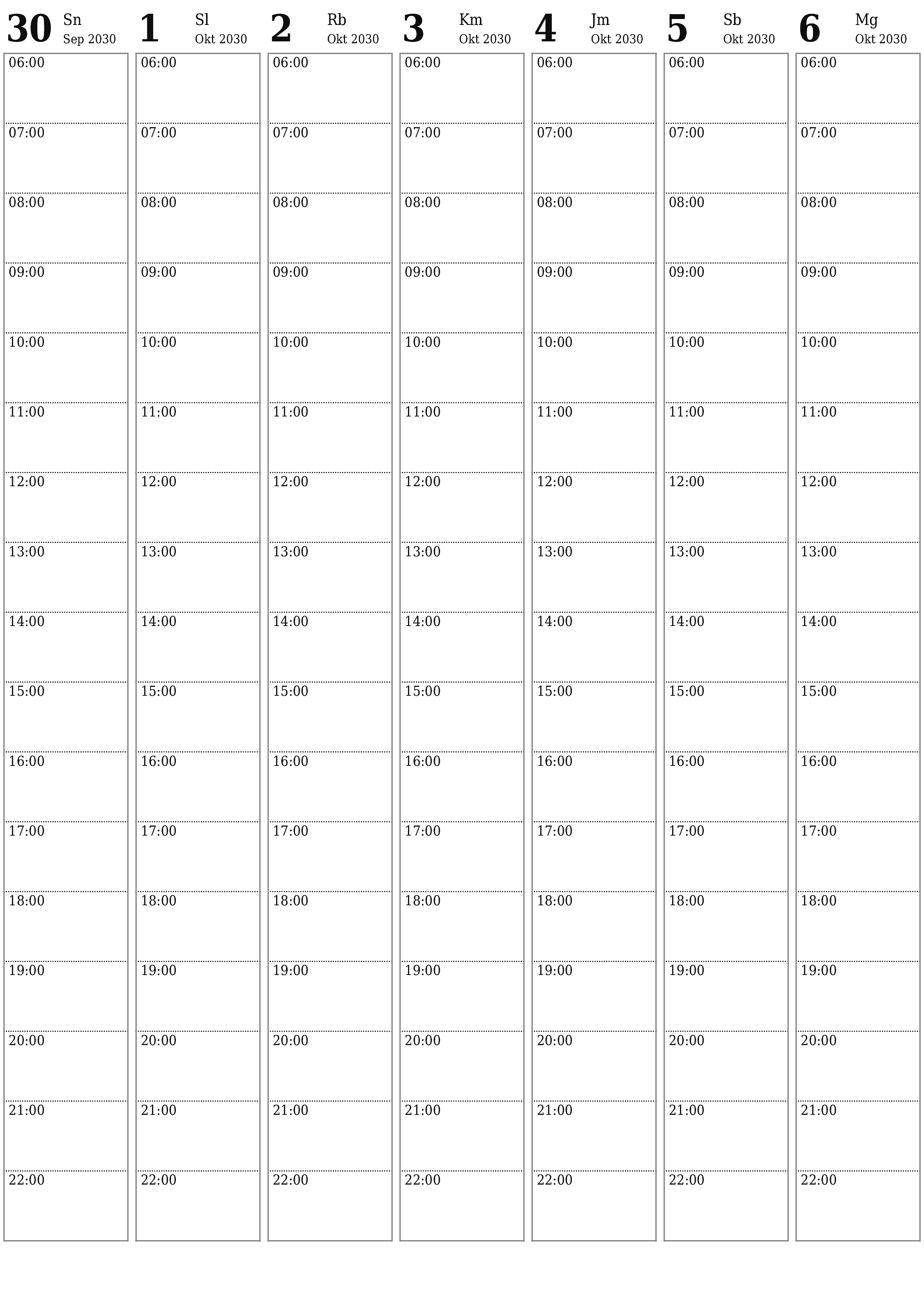  yang dapat dicetak dinding templat gratisvertikal Mingguan perencana kalender Oktober (Okt) 2030