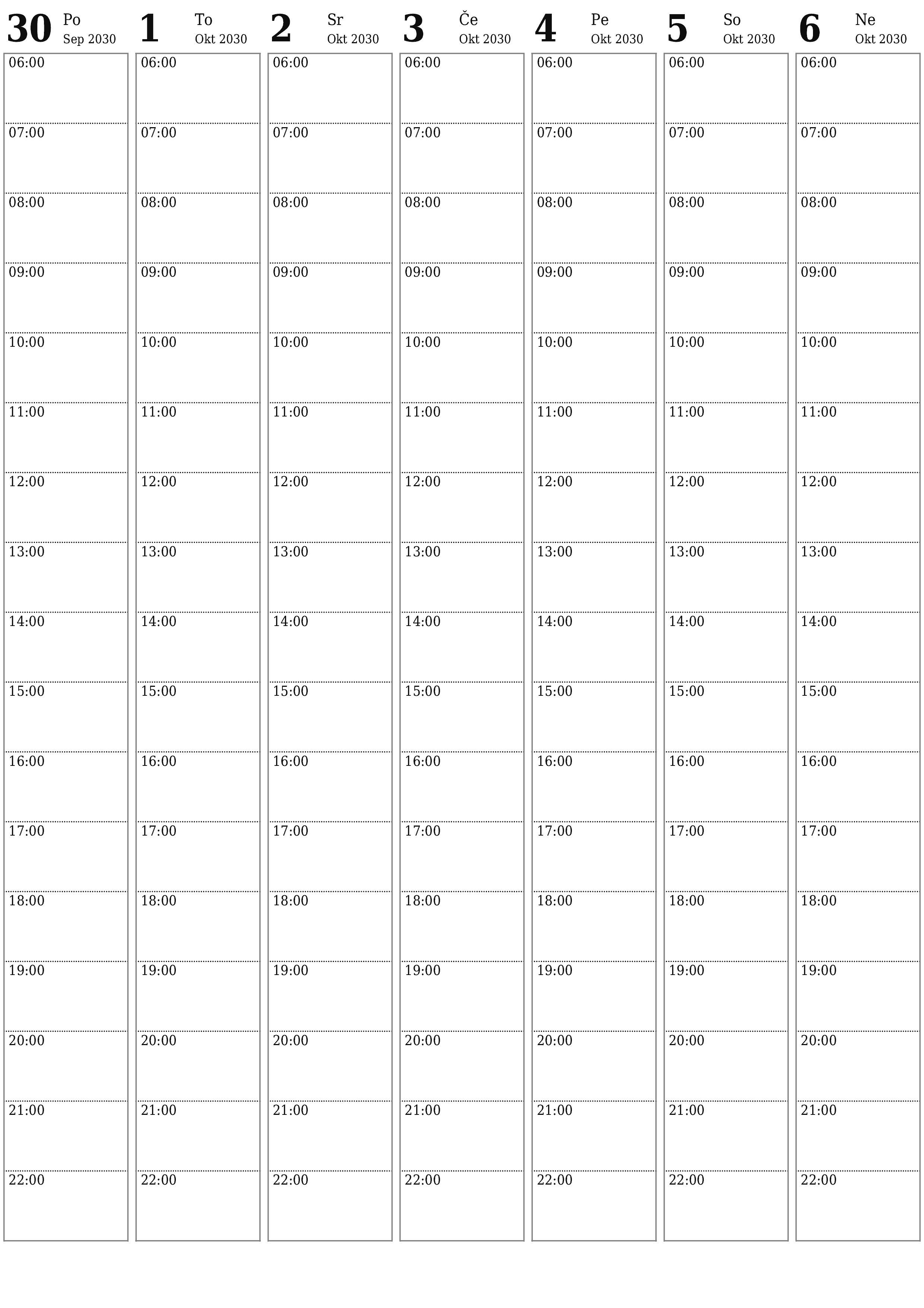 Prazen tedenski koledarski načrtovalec za tedne Oktober 2030 z opombami za tiskanje v PDF PNG Slovenian