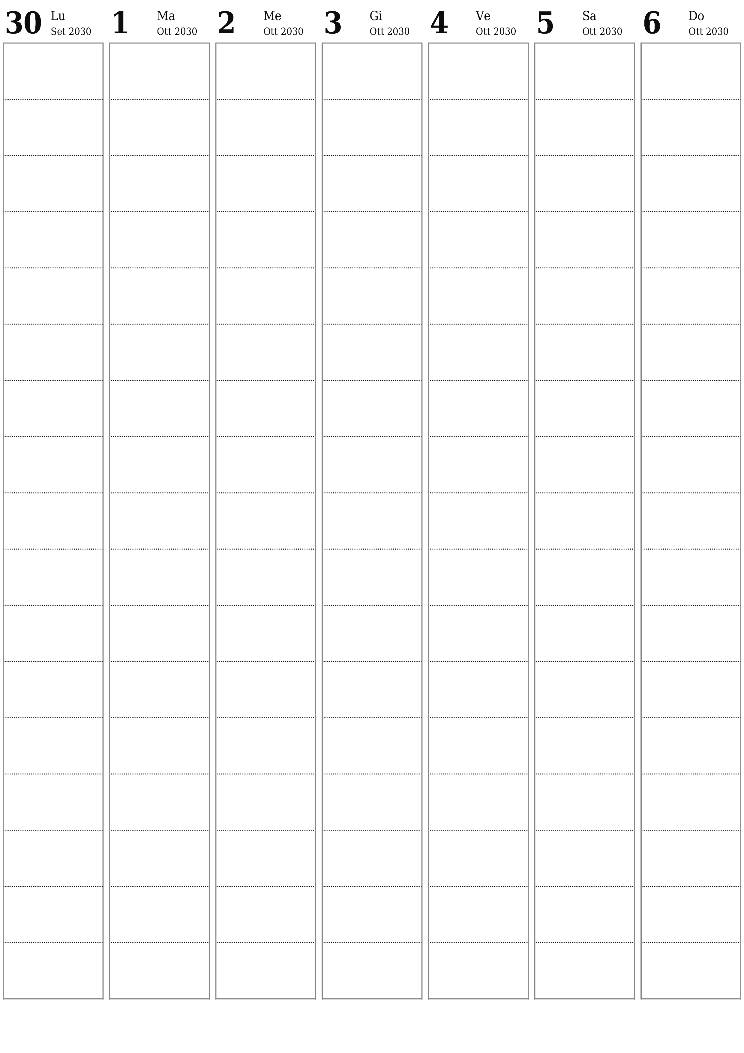  stampabile da parete modello di gratuitoverticale Settimanale pianificatore calendario Ottobre (Ott) 2030