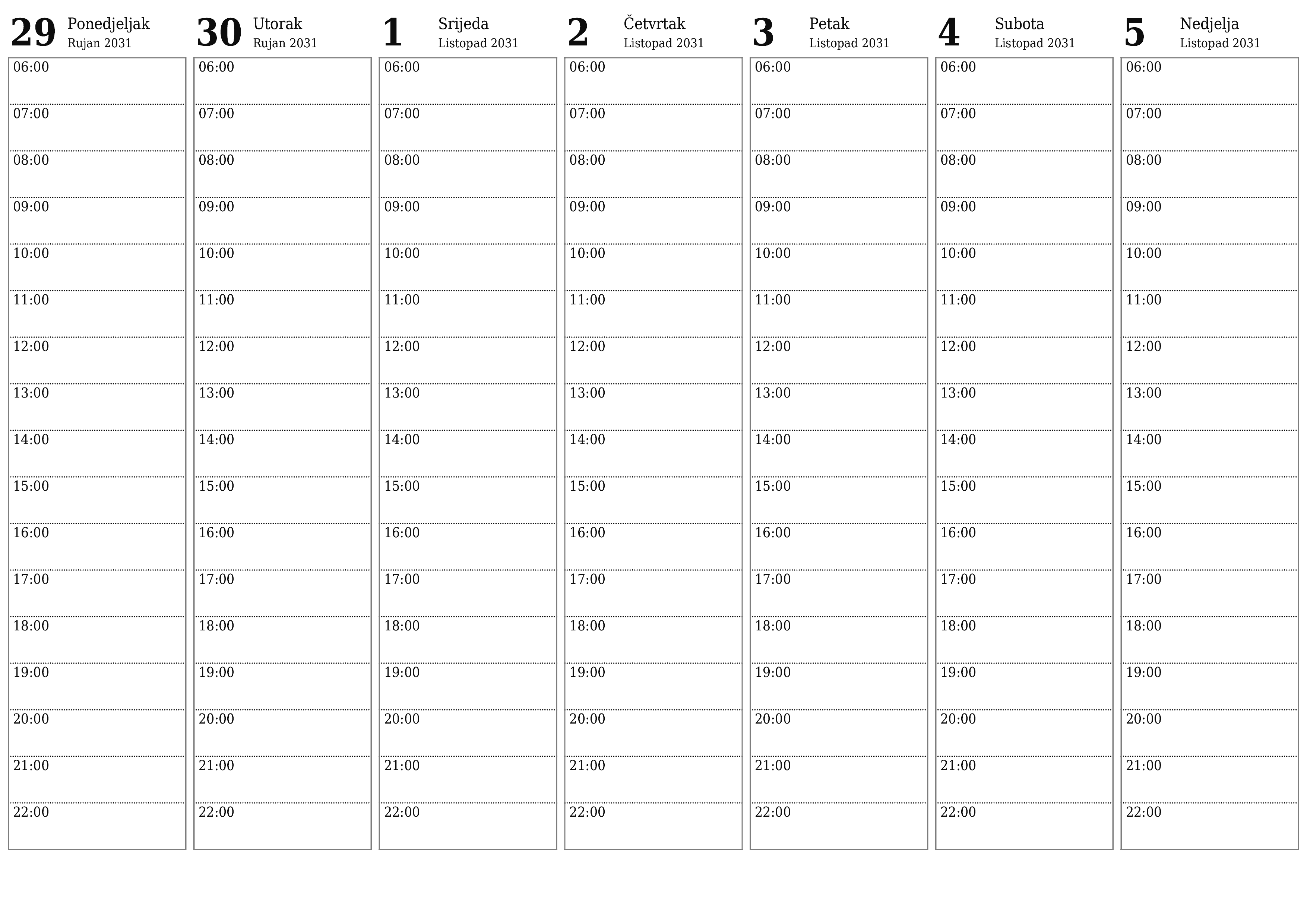  za ispis zidni predložak a besplatni horizontalno Tjedni planer kalendar Listopad (Lis) 2031