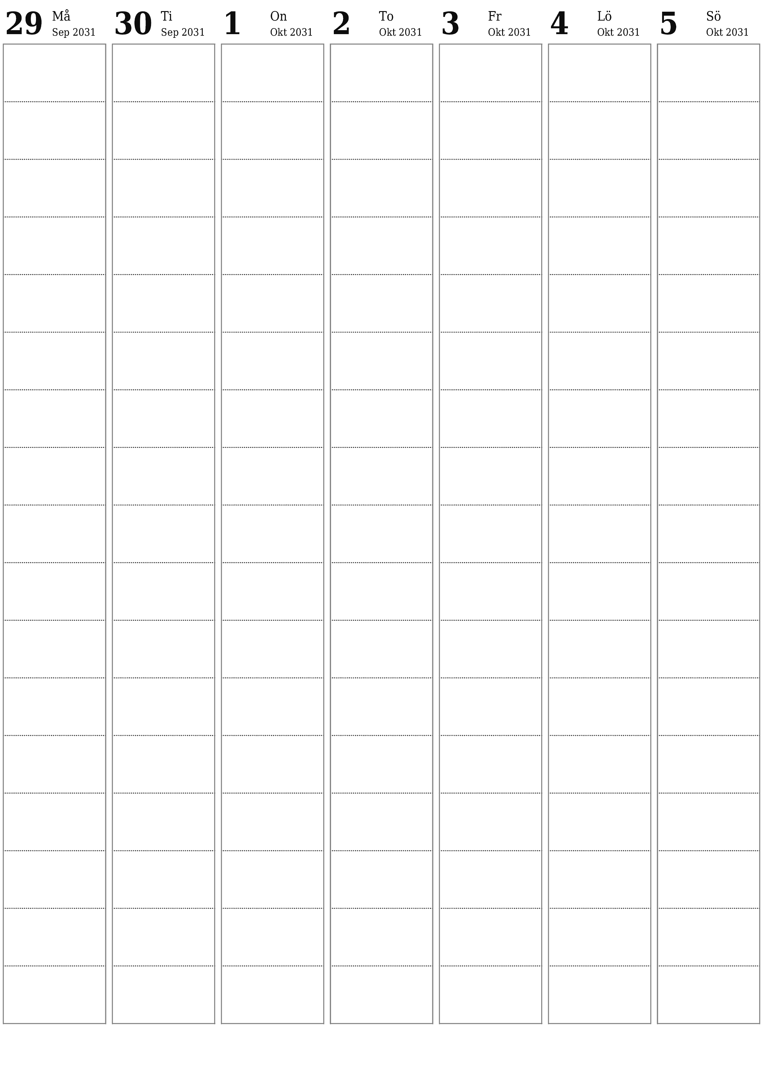 Töm veckoplaneraren i veckor Oktober 2031 med anteckningar, spara och skriv ut till PDF PNG Swedish