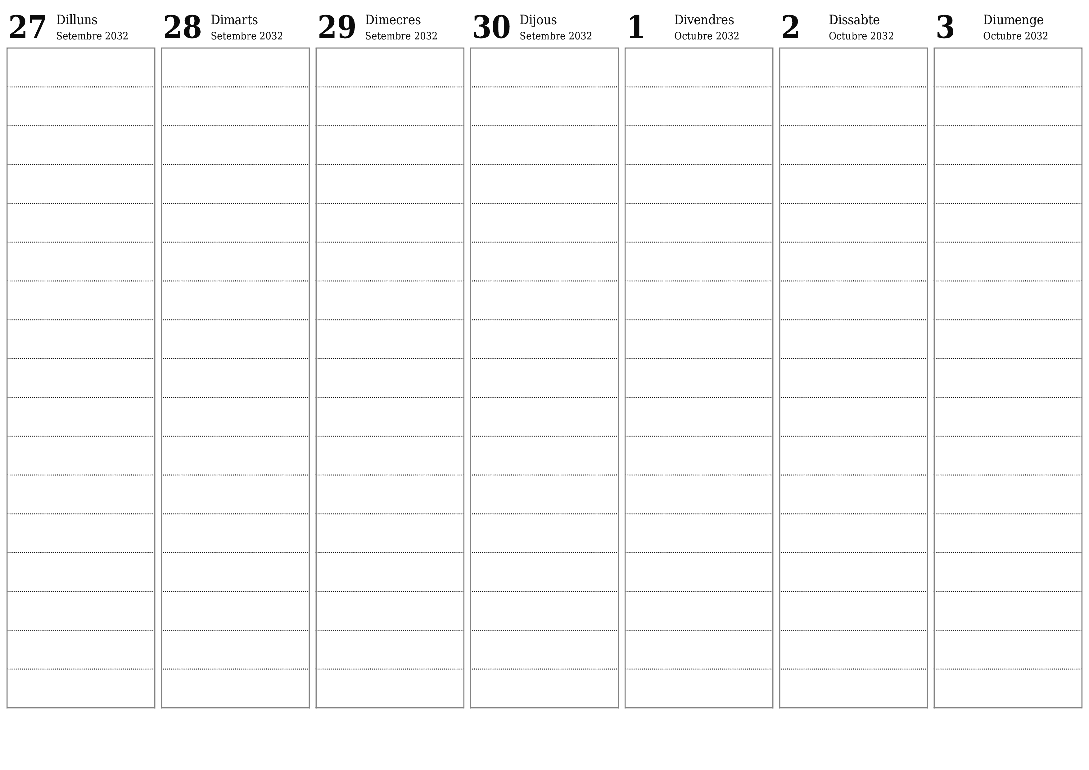 Planificador setmanal buit durant setmanes Octubre 2032 amb notes, deseu-lo i imprimiu-lo en format PDF PNG Catalan