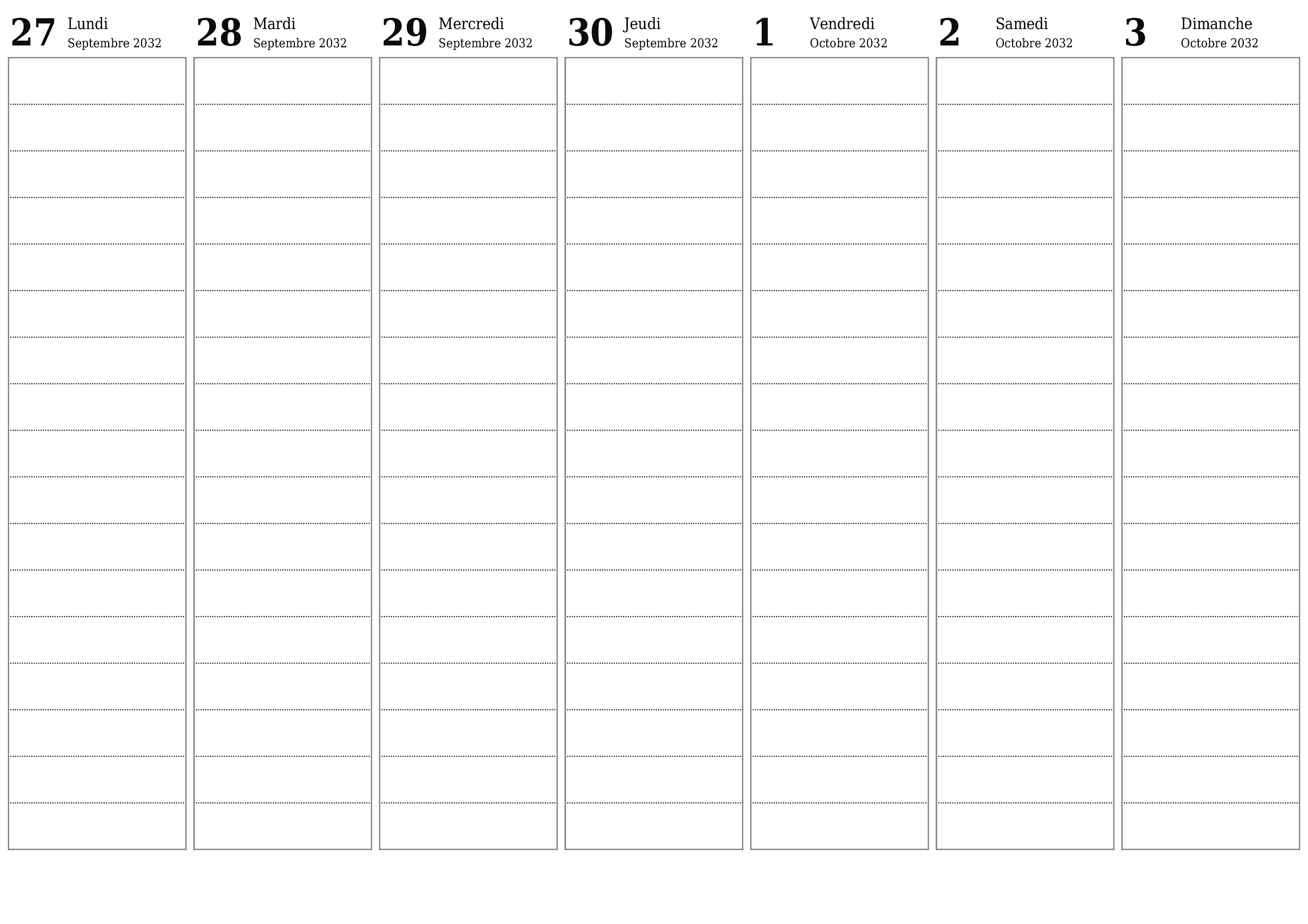 Agenda hebdomadaire vide pendant des semaines Octobre 2032 avec notes, enregistrez et imprimez au format PDF PNG French