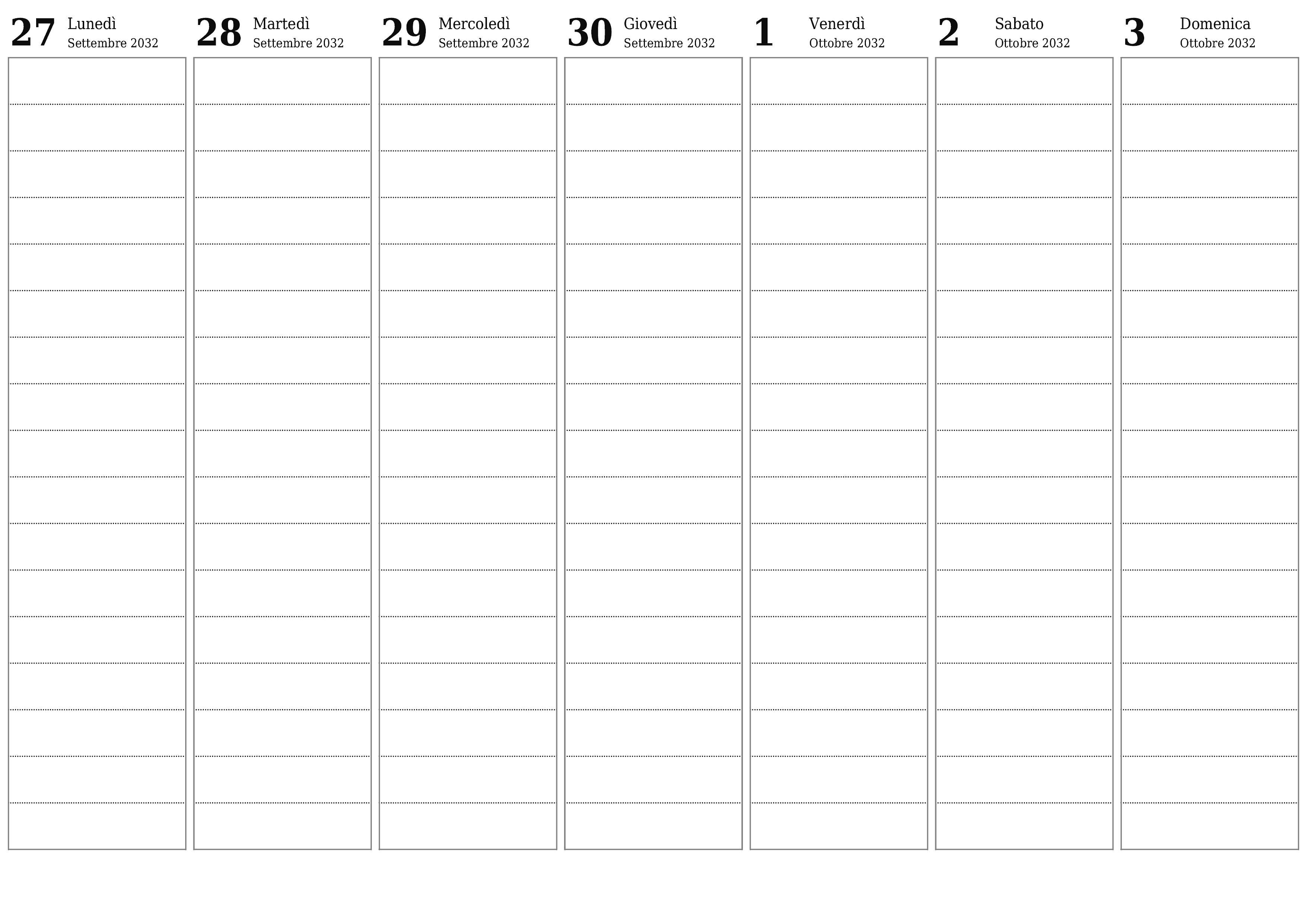 Agenda settimanale vuota per settimane Ottobre 2032 con note, salva e stampa in PDF PNG Italian