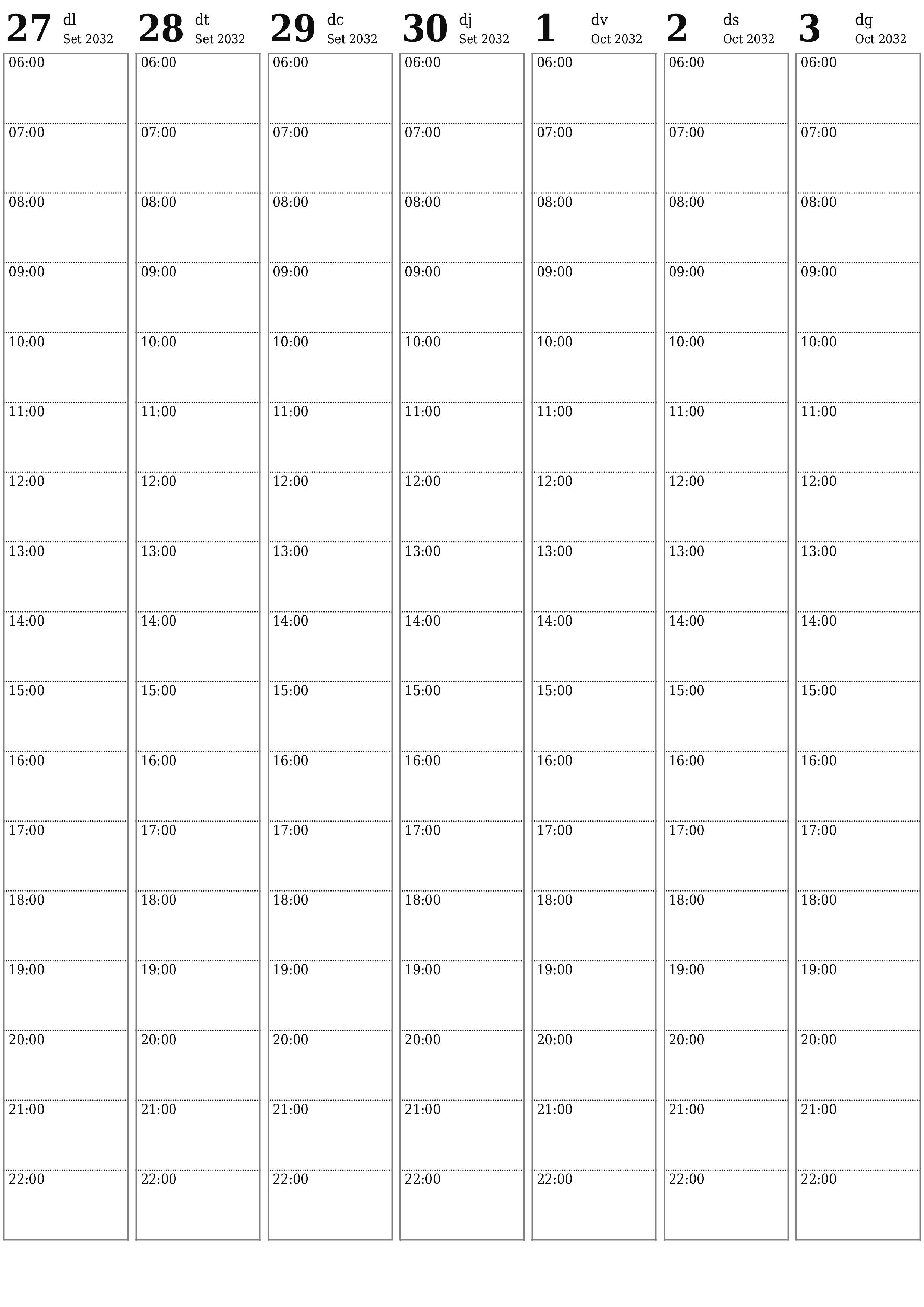 Planificador setmanal buit durant setmanes Octubre 2032 amb notes, deseu-lo i imprimiu-lo en format PDF PNG Catalan