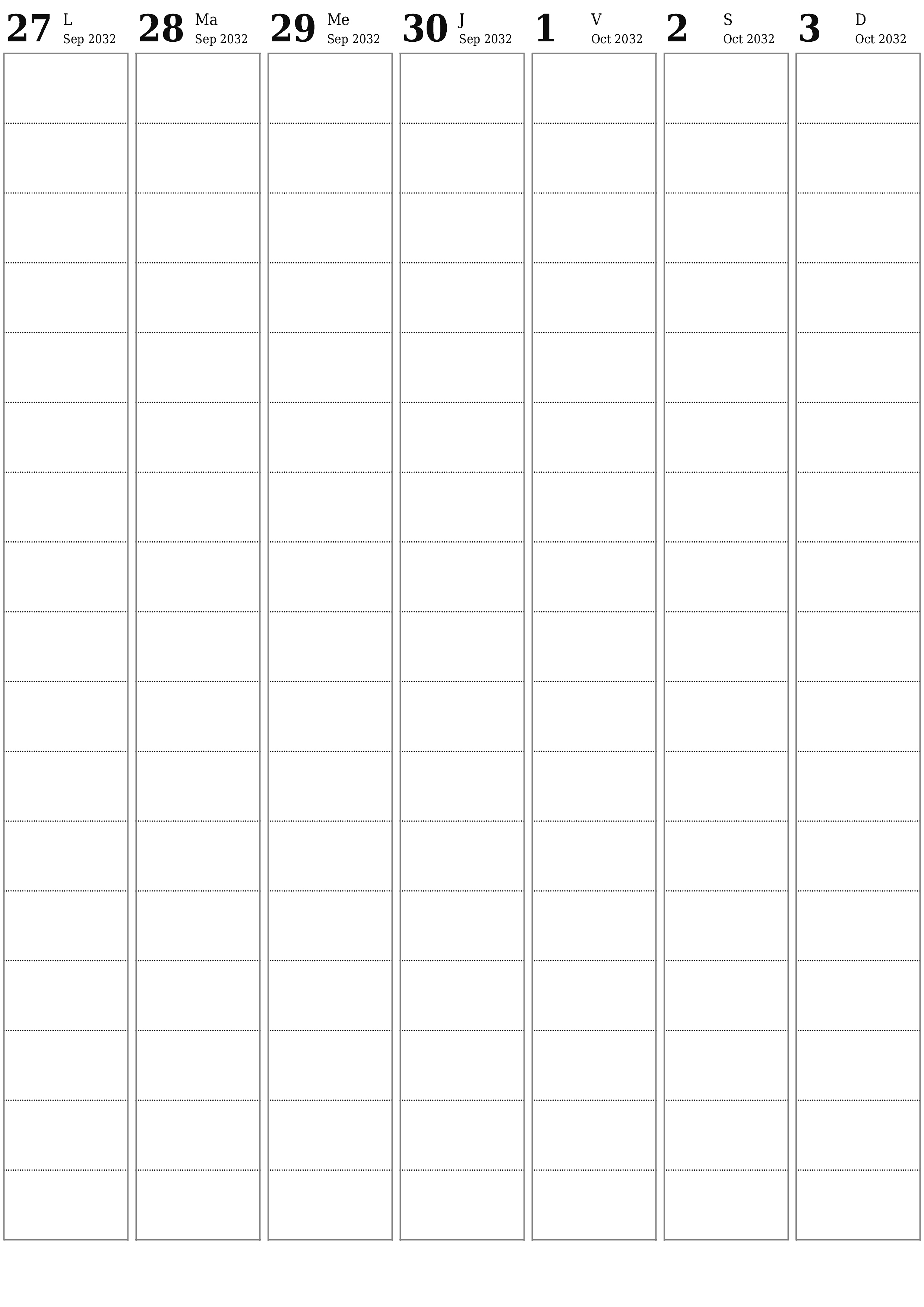 Agenda hebdomadaire vide pendant des semaines Octobre 2032 avec notes, enregistrez et imprimez au format PDF PNG French