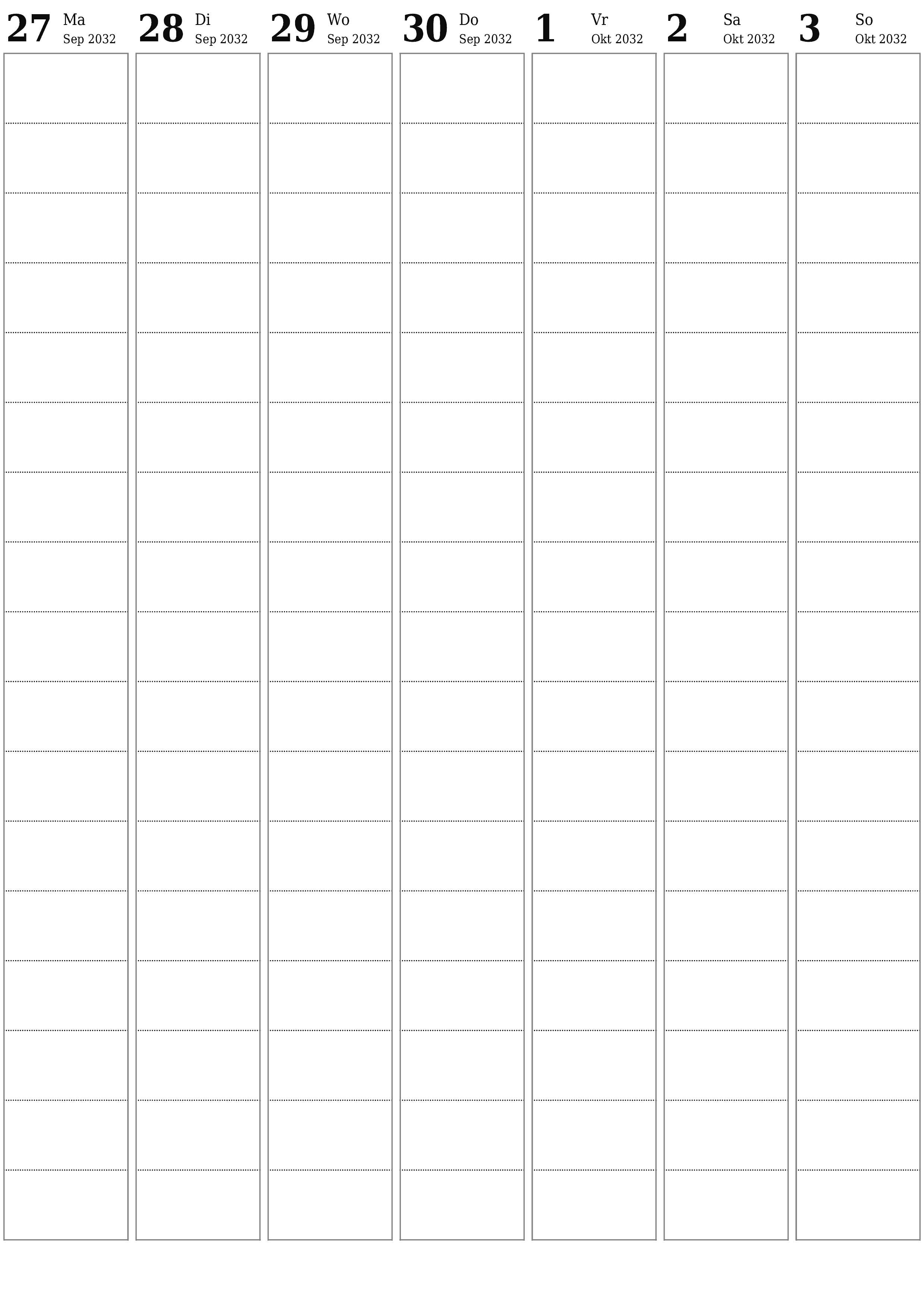 Leë weeklikse drukbare kalender en beplanner vir week Oktober 2032 met notas, stoor en druk na PDF PNG Afrikaans