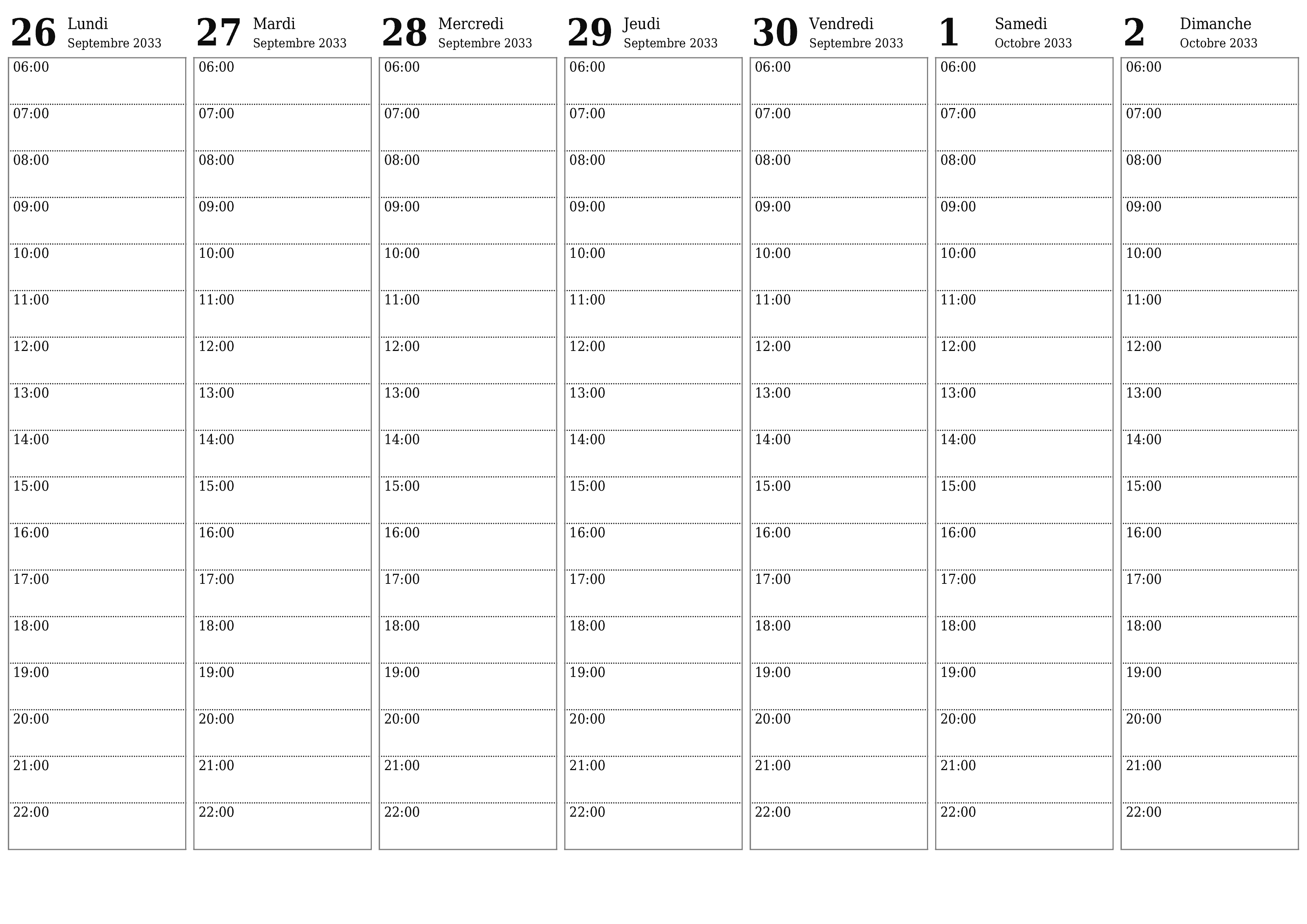 Agenda hebdomadaire vide pendant des semaines Octobre 2033 avec notes, enregistrez et imprimez au format PDF PNG French