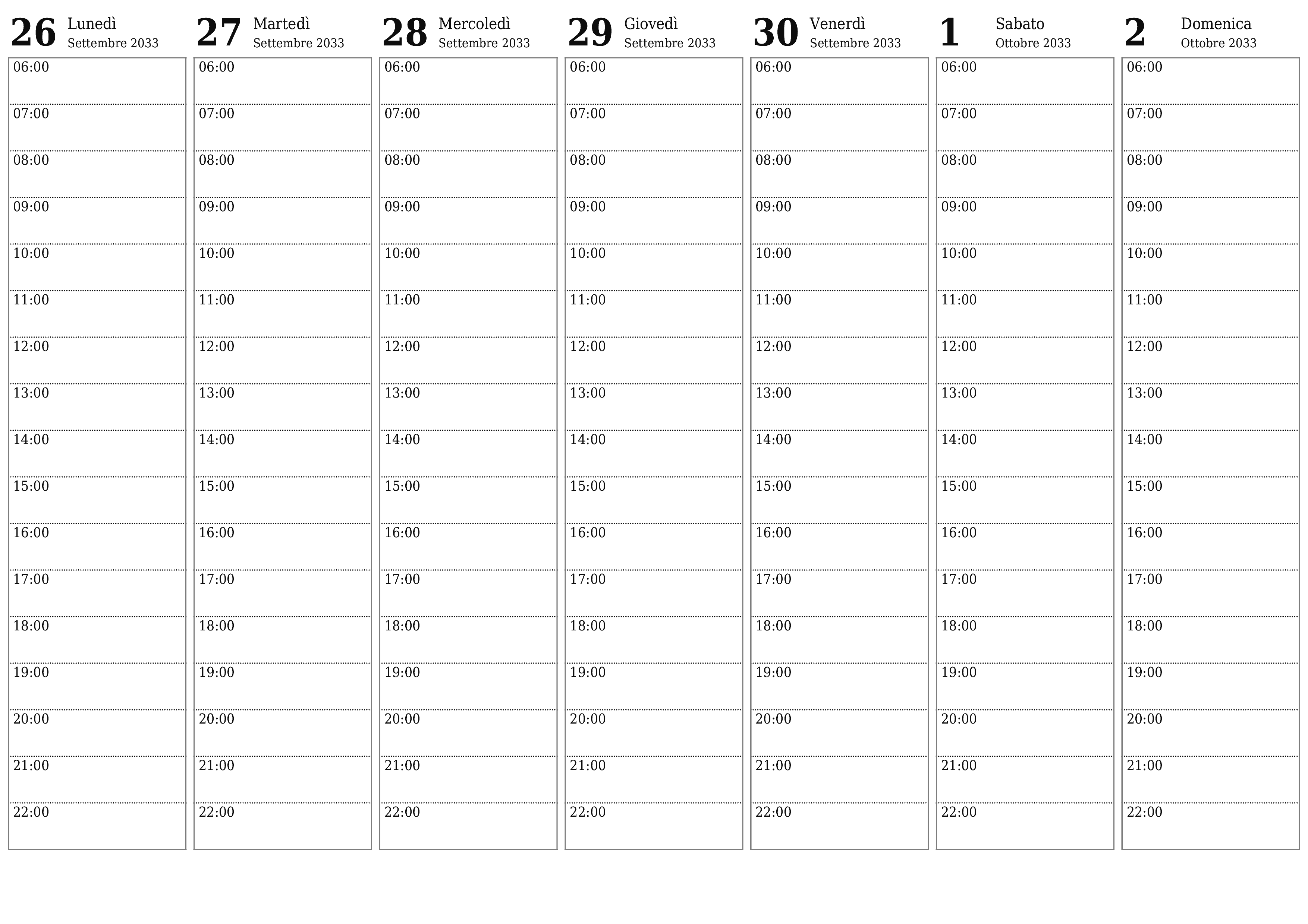 Agenda settimanale vuota per settimane Ottobre 2033 con note, salva e stampa in PDF PNG Italian