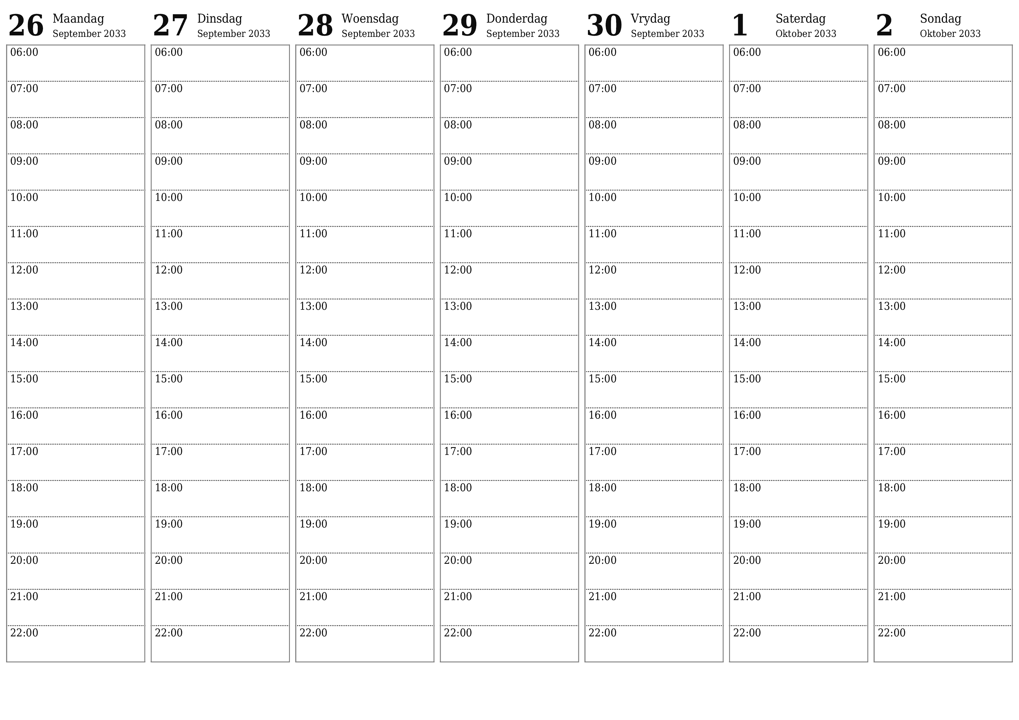 Leë weeklikse drukbare kalender en beplanner vir week Oktober 2033 met notas, stoor en druk na PDF PNG Afrikaans