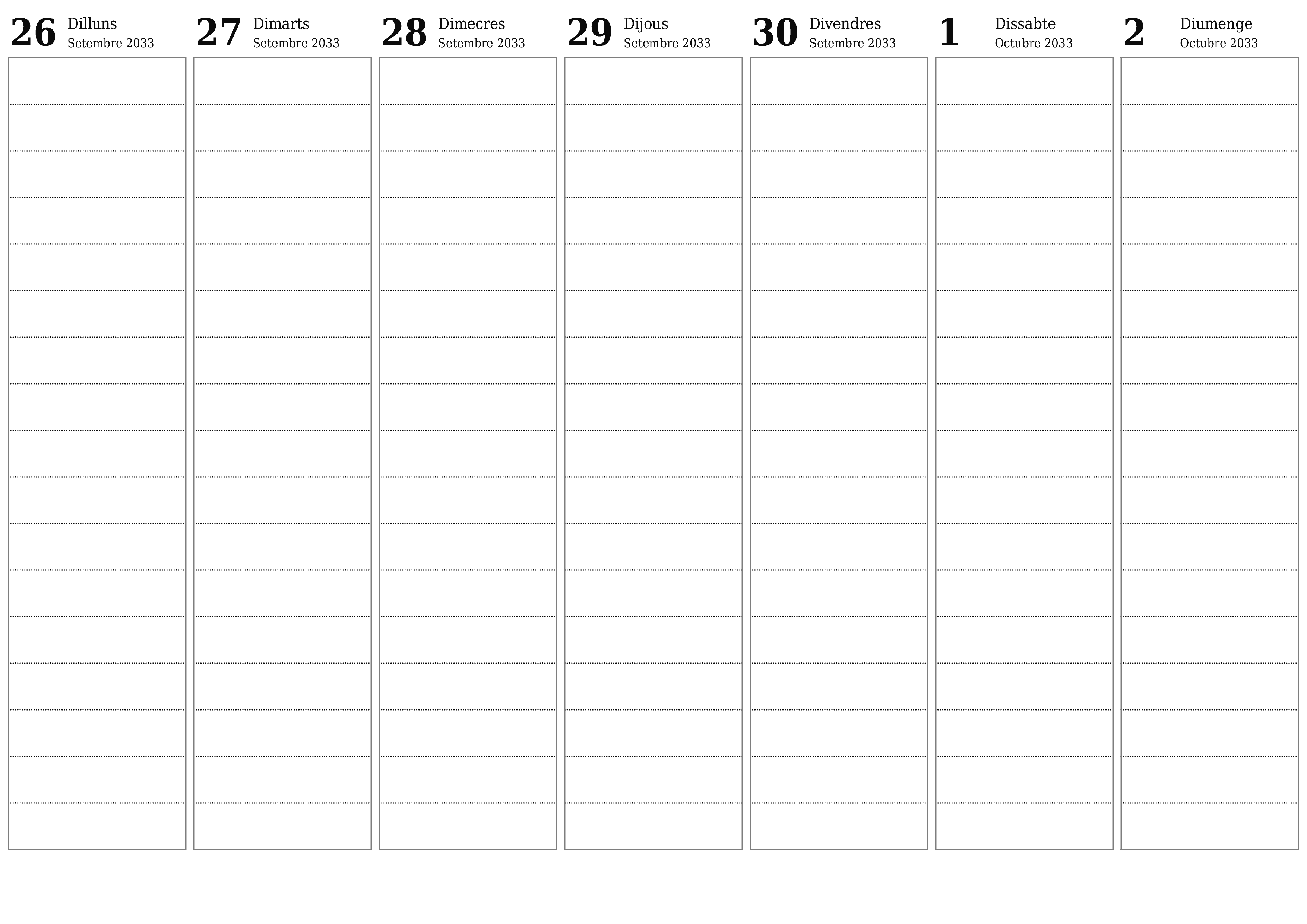 Planificador setmanal buit durant setmanes Octubre 2033 amb notes, deseu-lo i imprimiu-lo en format PDF PNG Catalan