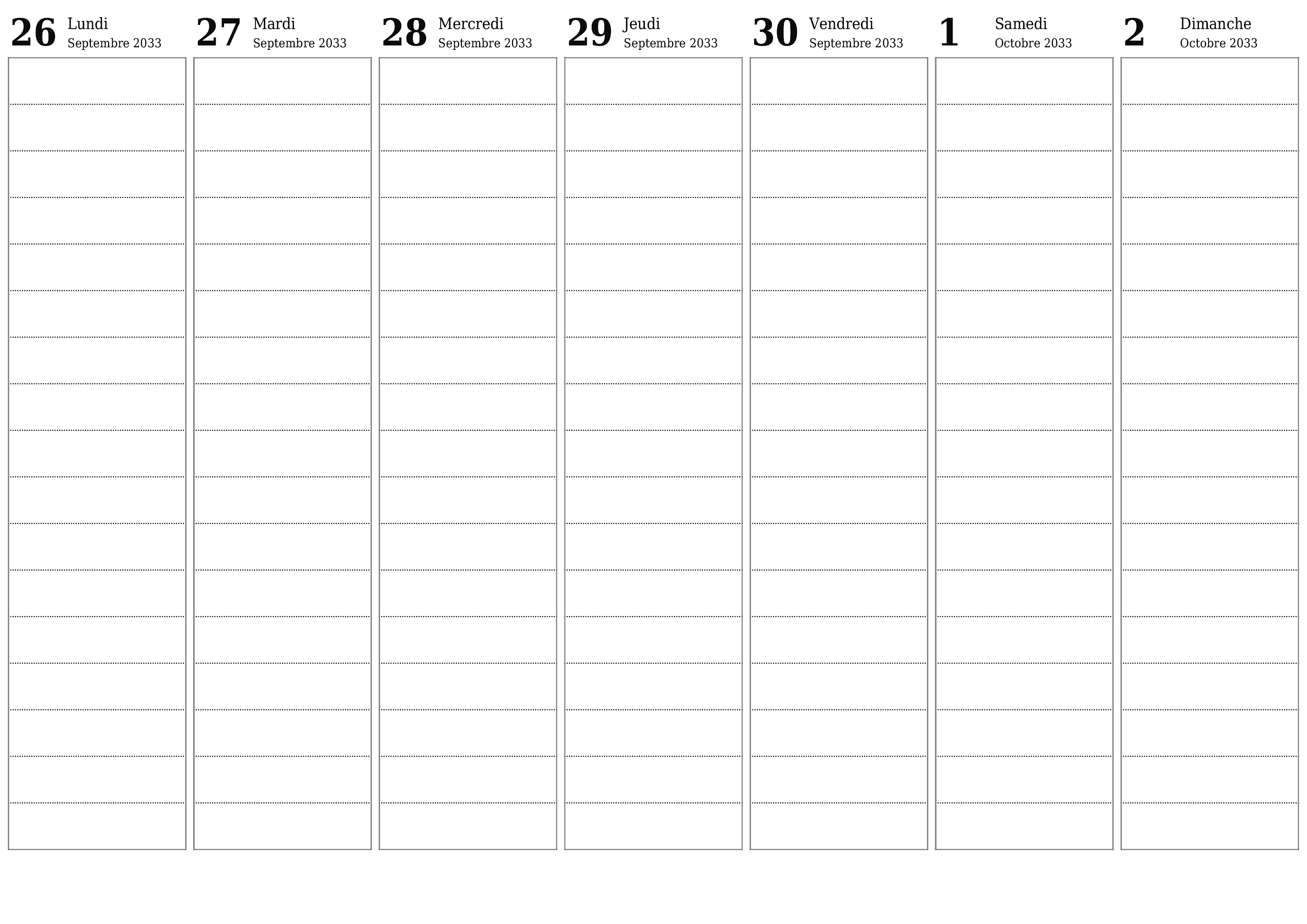 Agenda hebdomadaire vide pendant des semaines Octobre 2033 avec notes, enregistrez et imprimez au format PDF PNG French