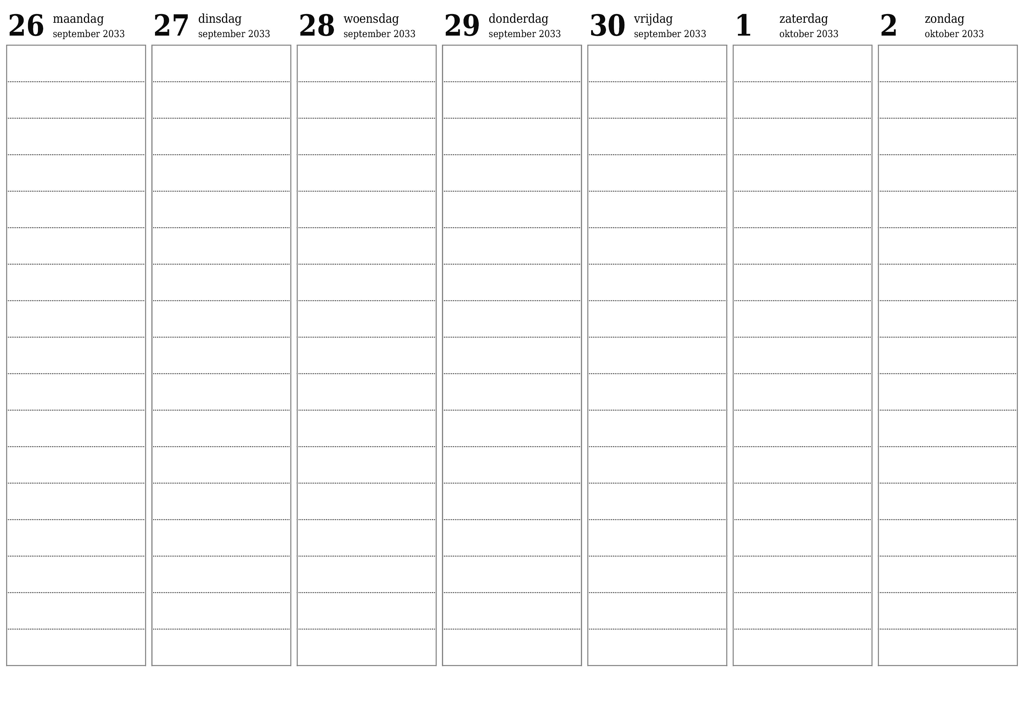 afdrukbare muur sjabloon gratis horizontaal Wekelijks planner kalender oktober (okt) 2033