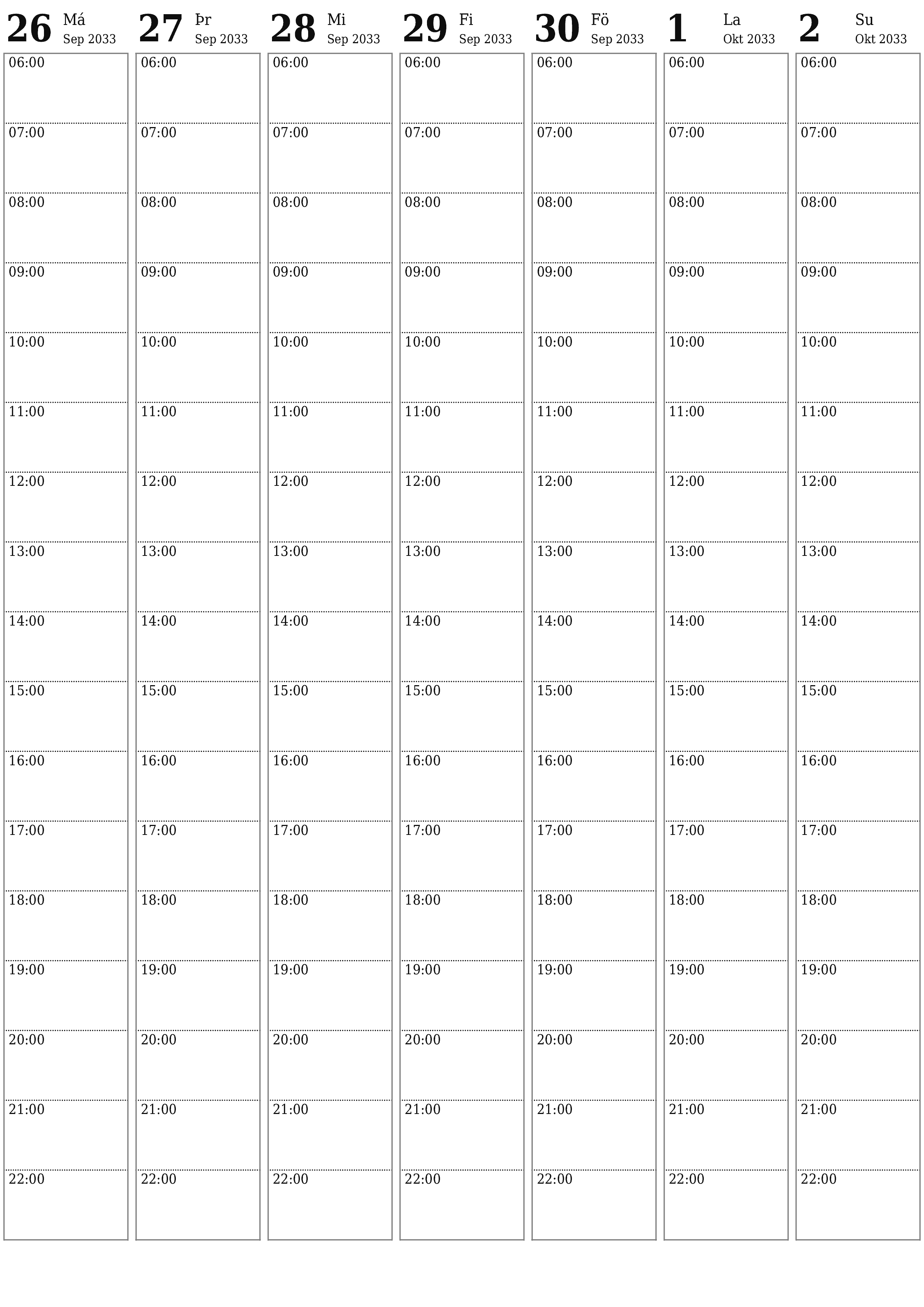 Tómur vikulegur skipuleggjandi vikum saman Október 2033 með athugasemdum, vistaðu og prentaðu á PDF PNG Icelandic