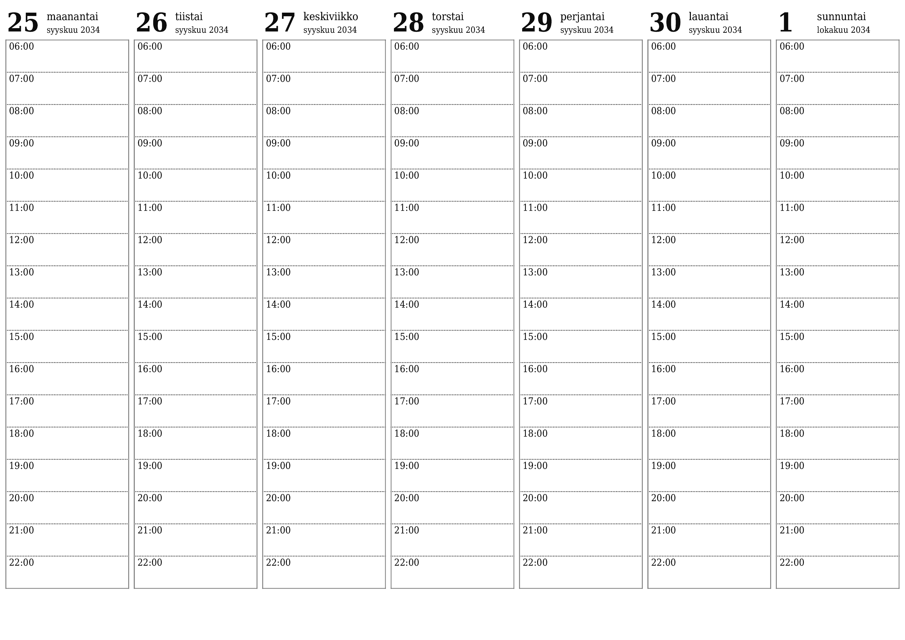 Tyhjennä viikkosuunnittelija viikkojen ajan Lokakuu 2034 muistiinpanoilla, tallenna ja tulosta PDF-muotoon PNG Finnish
