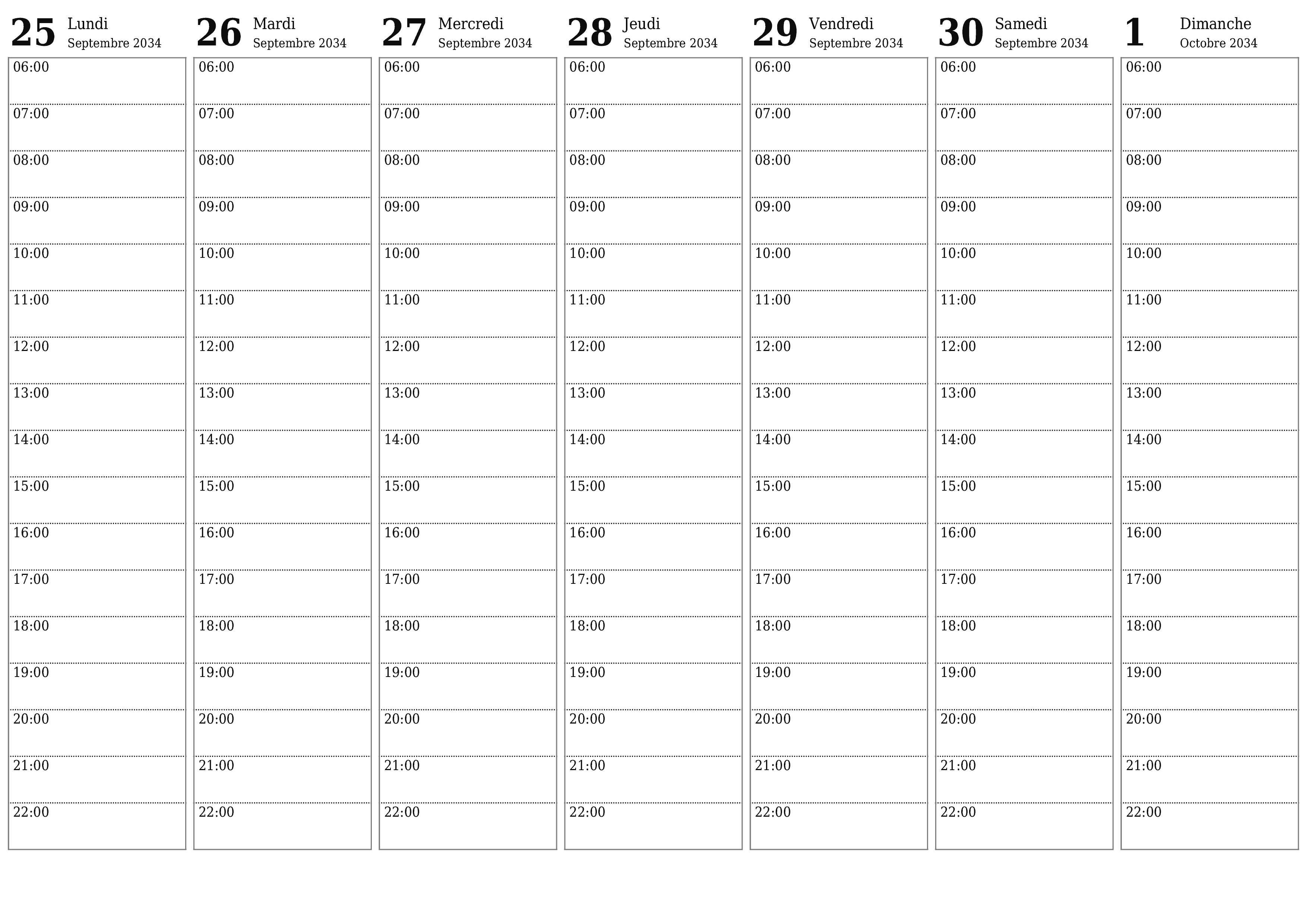 Agenda hebdomadaire vide pendant des semaines Octobre 2034 avec notes, enregistrez et imprimez au format PDF PNG French