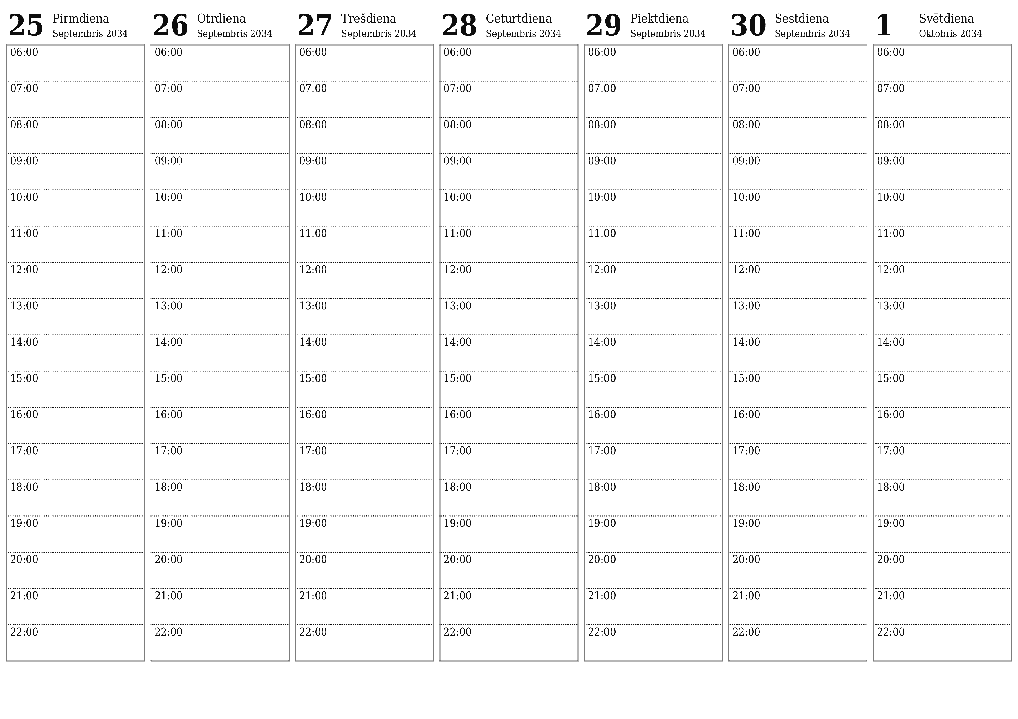 Iztukšojiet nedēļas plānotāju nedēļām Oktobris 2034 ar piezīmēm, saglabājiet un izdrukājiet PDF formātā PNG Latvian