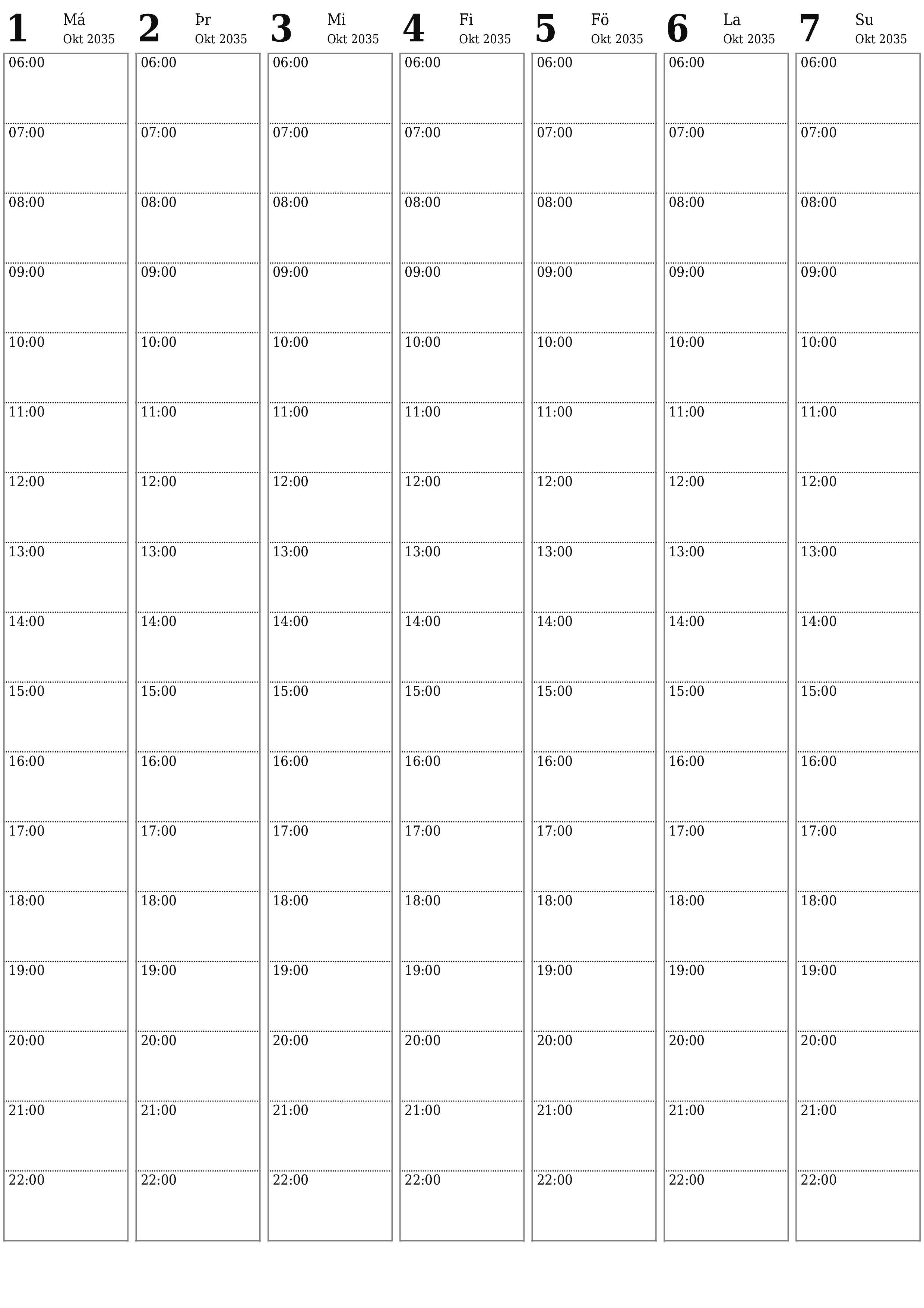 Tómur vikulegur skipuleggjandi vikum saman Október 2035 með athugasemdum, vistaðu og prentaðu á PDF PNG Icelandic