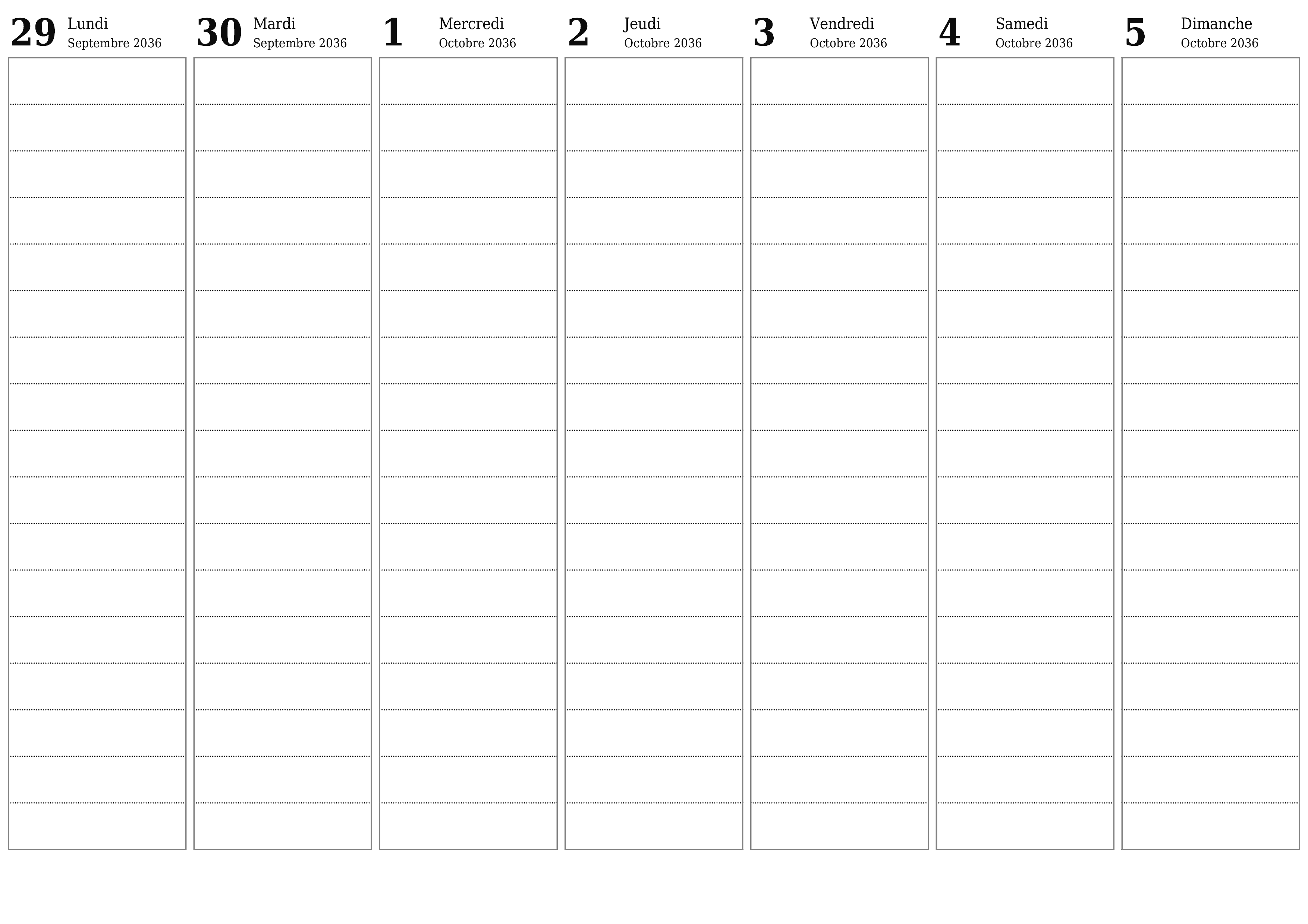 Agenda hebdomadaire vide pendant des semaines Octobre 2036 avec notes, enregistrez et imprimez au format PDF PNG French