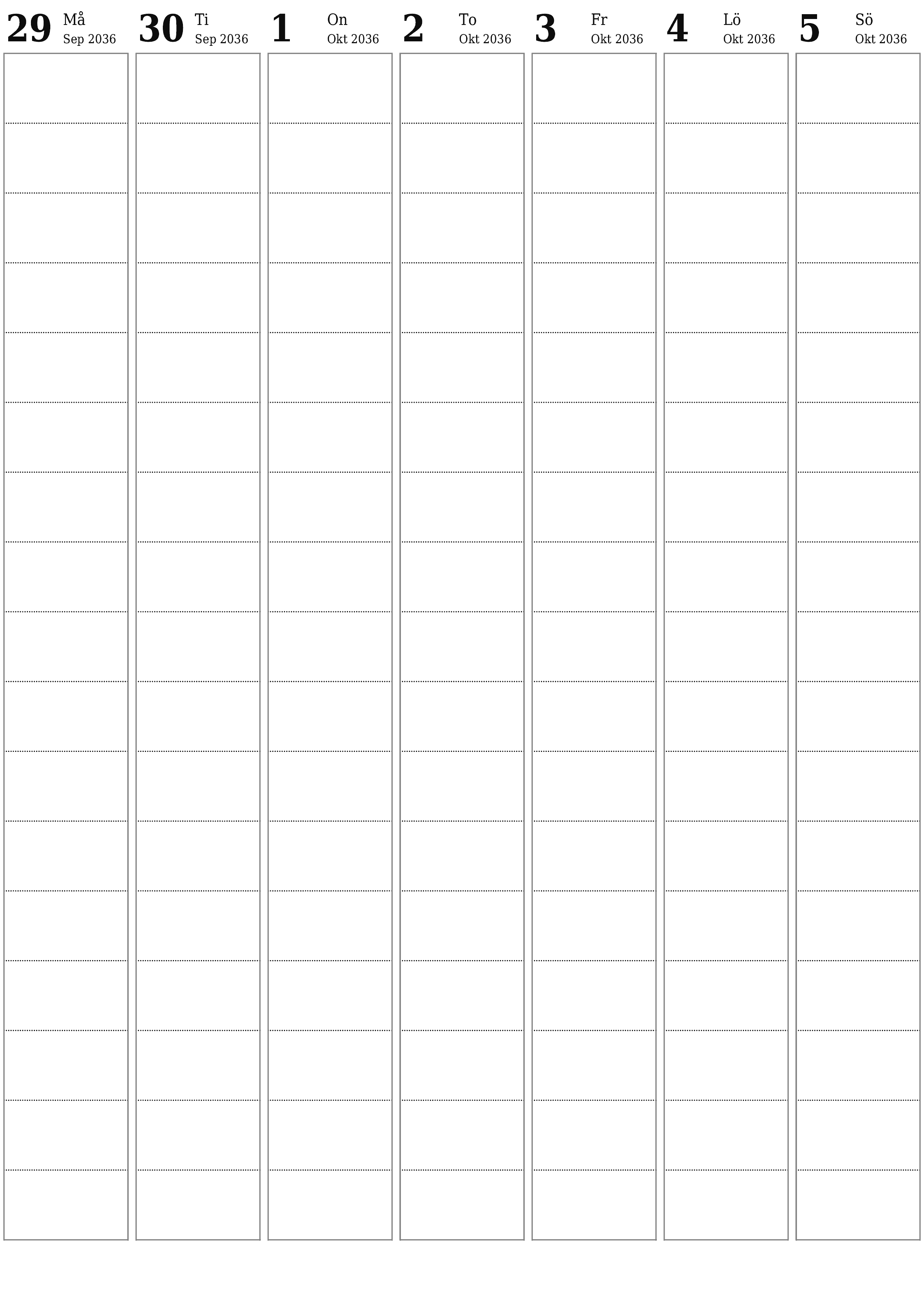 Töm veckoplaneraren i veckor Oktober 2036 med anteckningar, spara och skriv ut till PDF PNG Swedish