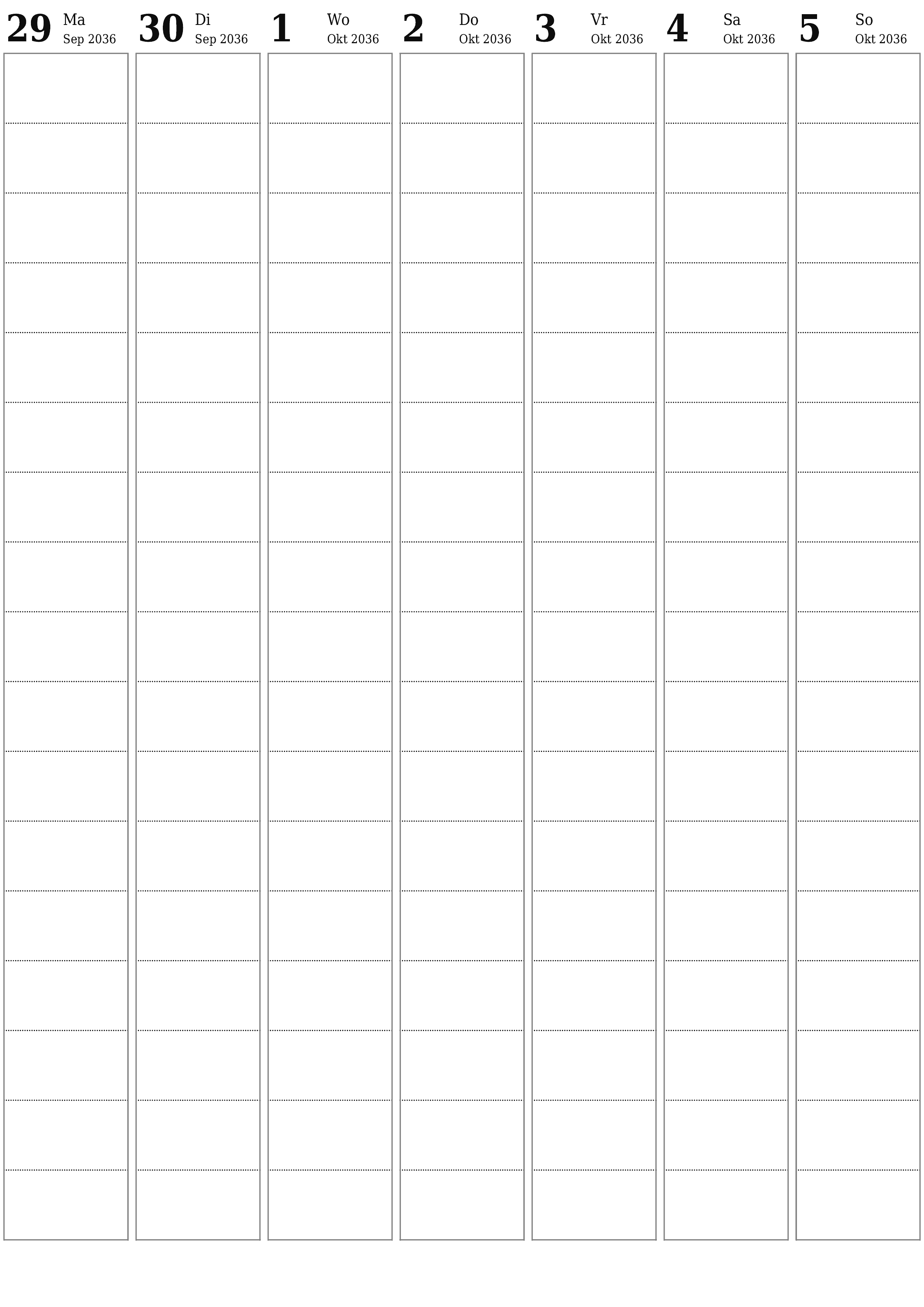 Leë weeklikse drukbare kalender en beplanner vir week Oktober 2036 met notas, stoor en druk na PDF PNG Afrikaans
