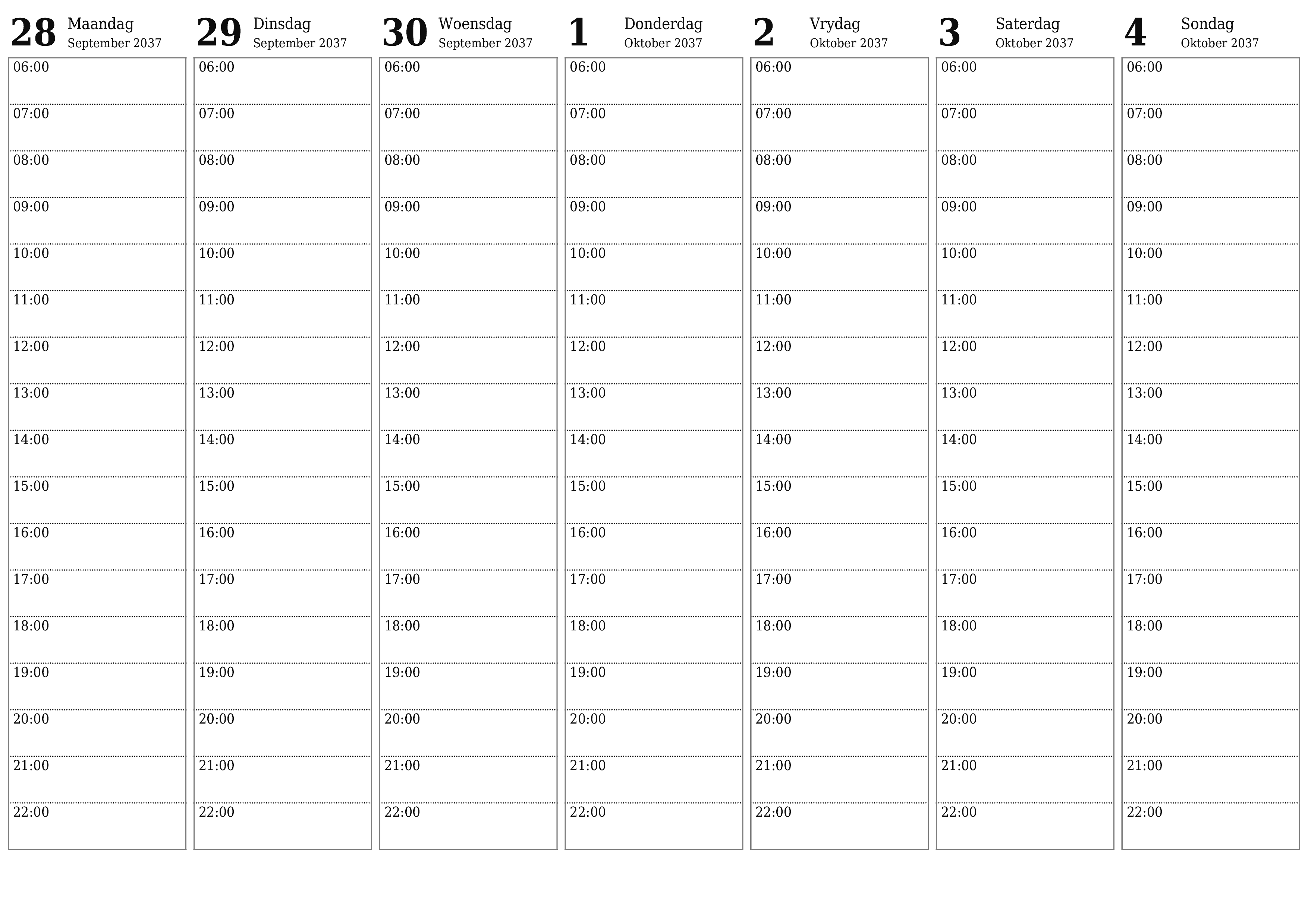 Leë weeklikse drukbare kalender en beplanner vir week Oktober 2037 met notas, stoor en druk na PDF PNG Afrikaans