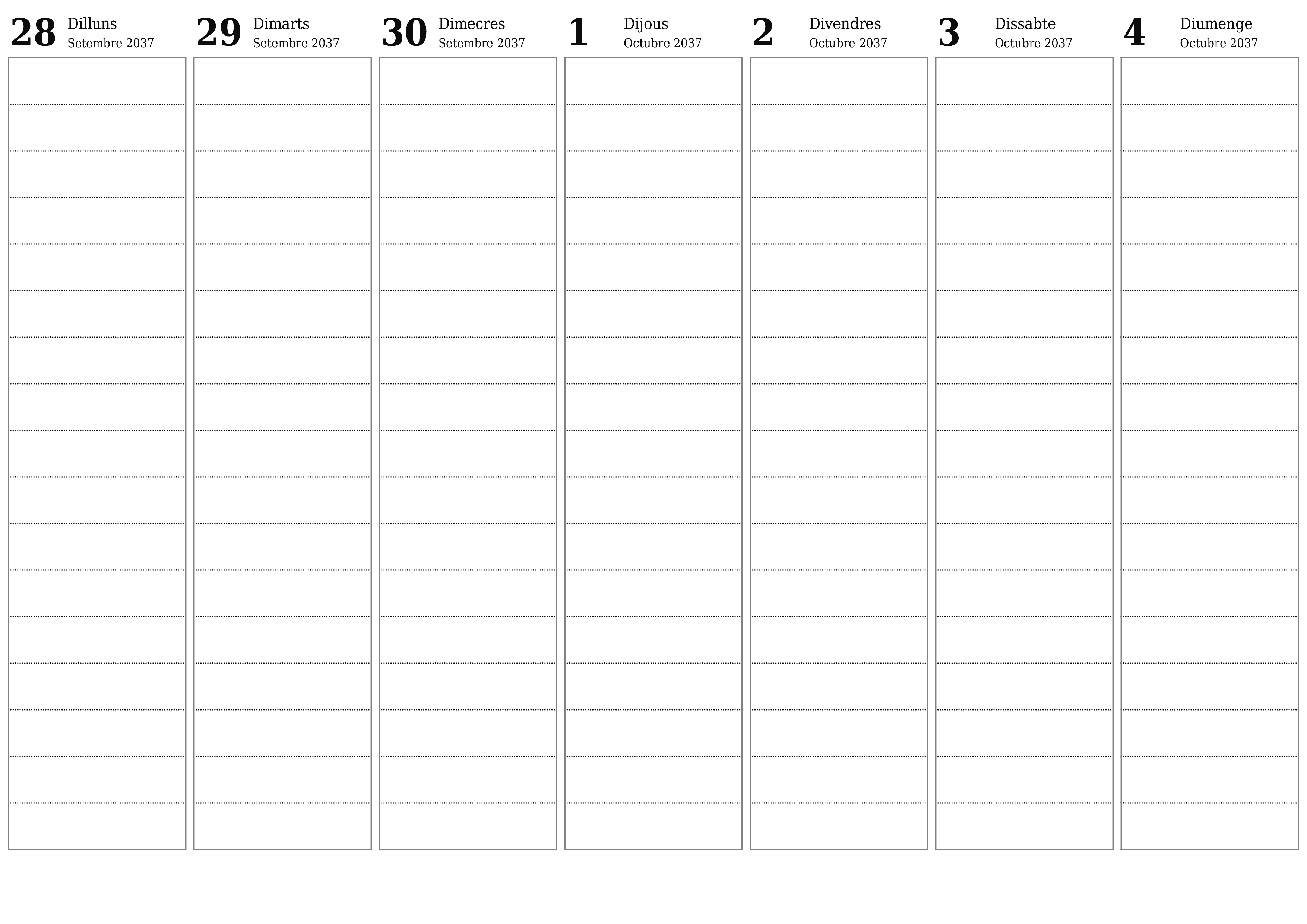 Planificador setmanal buit durant setmanes Octubre 2037 amb notes, deseu-lo i imprimiu-lo en format PDF PNG Catalan