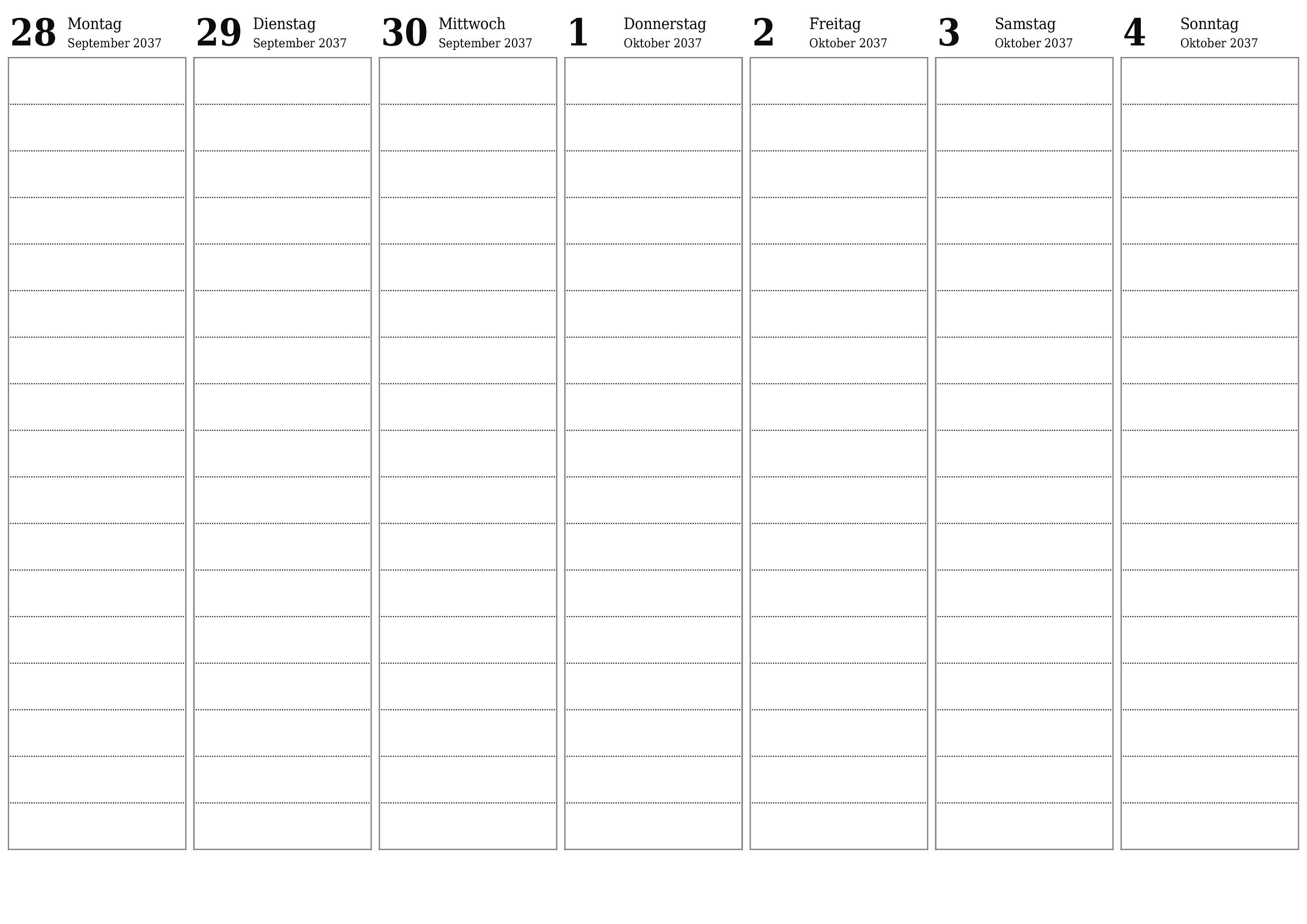 Wochenplaner für Wochen Oktober 2037 mit Notizen leeren, speichern und als PDF drucken PNG German