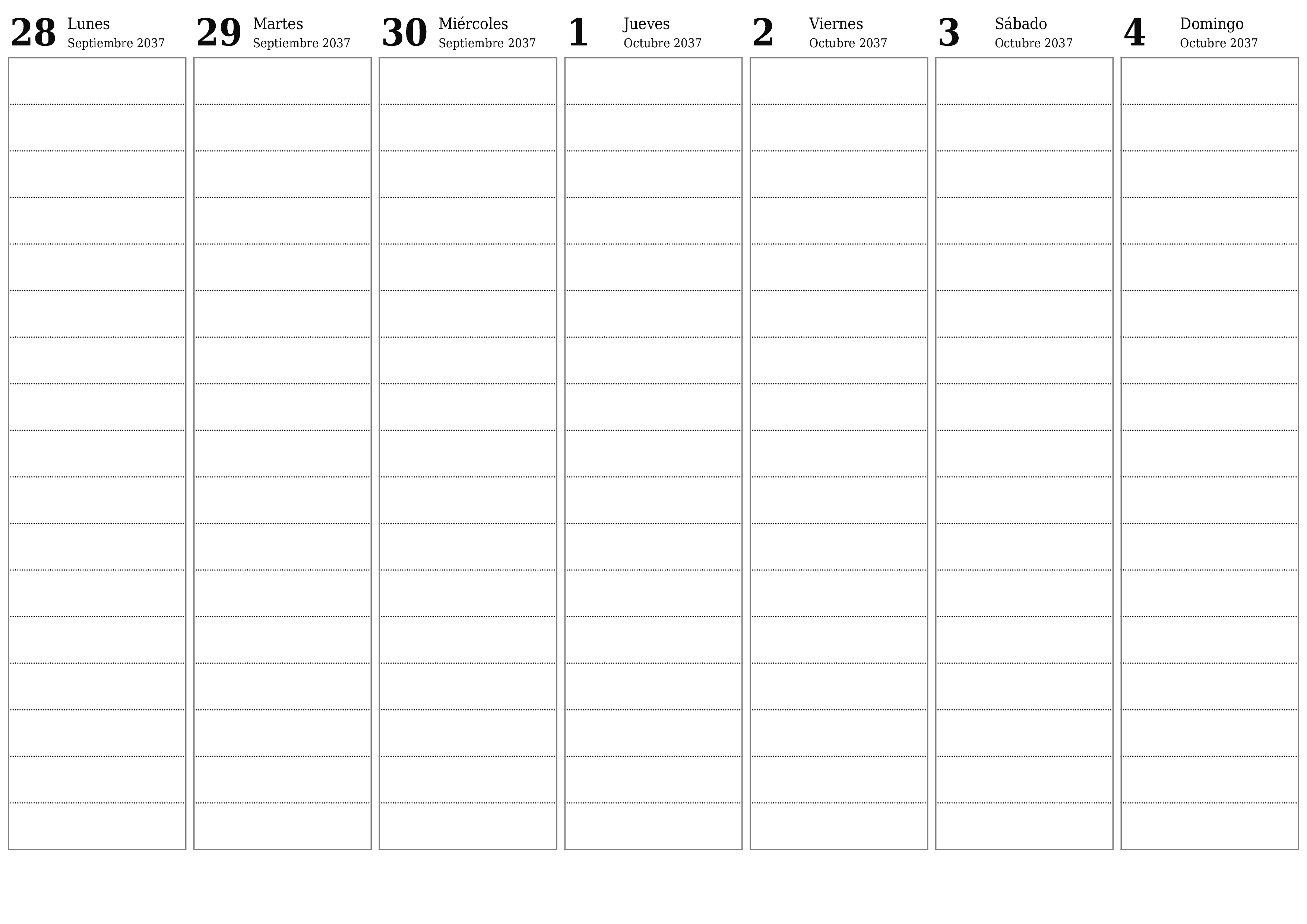 Planificador semanal vacío para semanas Octubre 2037 con notas, guardar e imprimir en PDF PNG Spanish