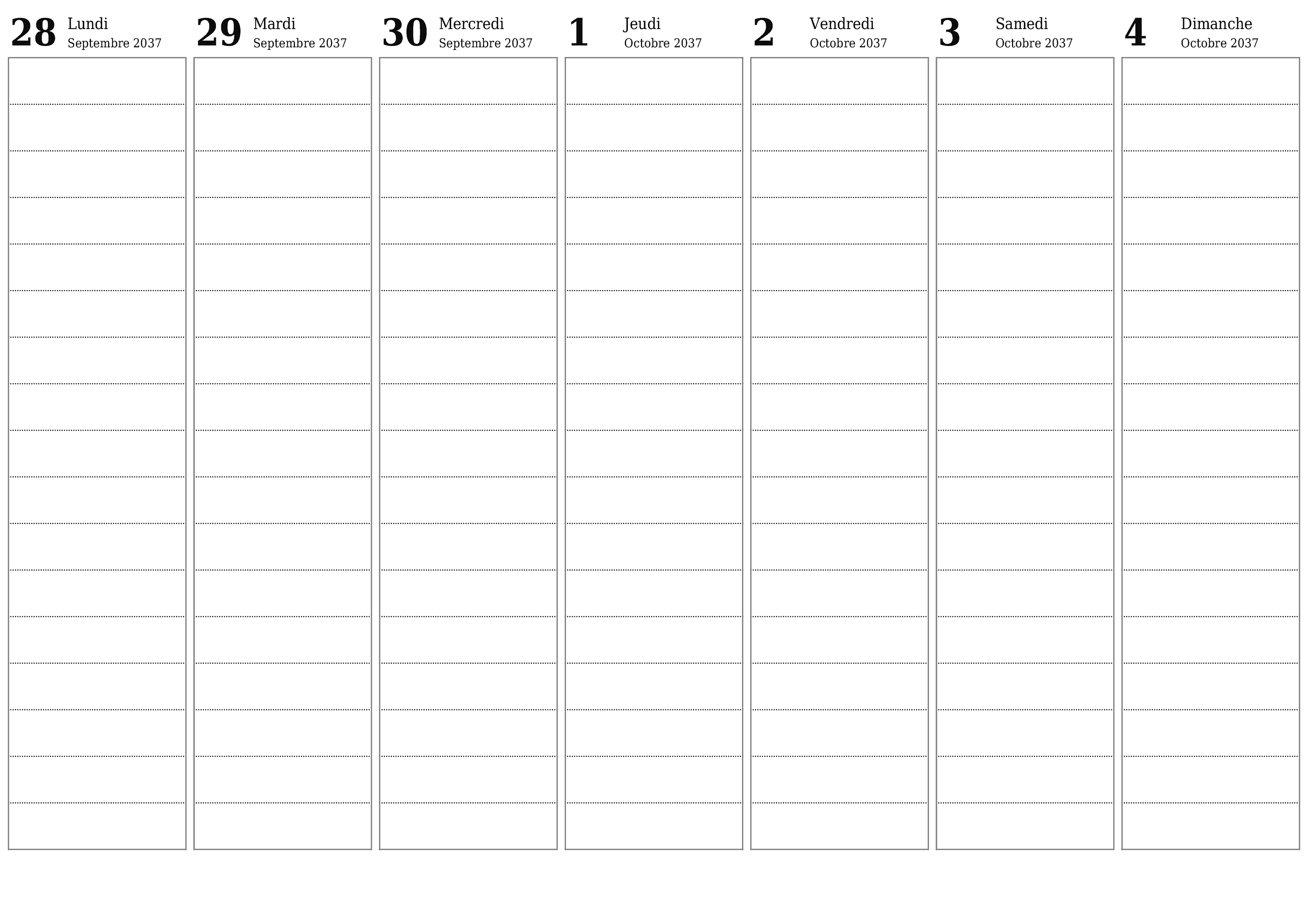 Agenda hebdomadaire vide pendant des semaines Octobre 2037 avec notes, enregistrez et imprimez au format PDF PNG French