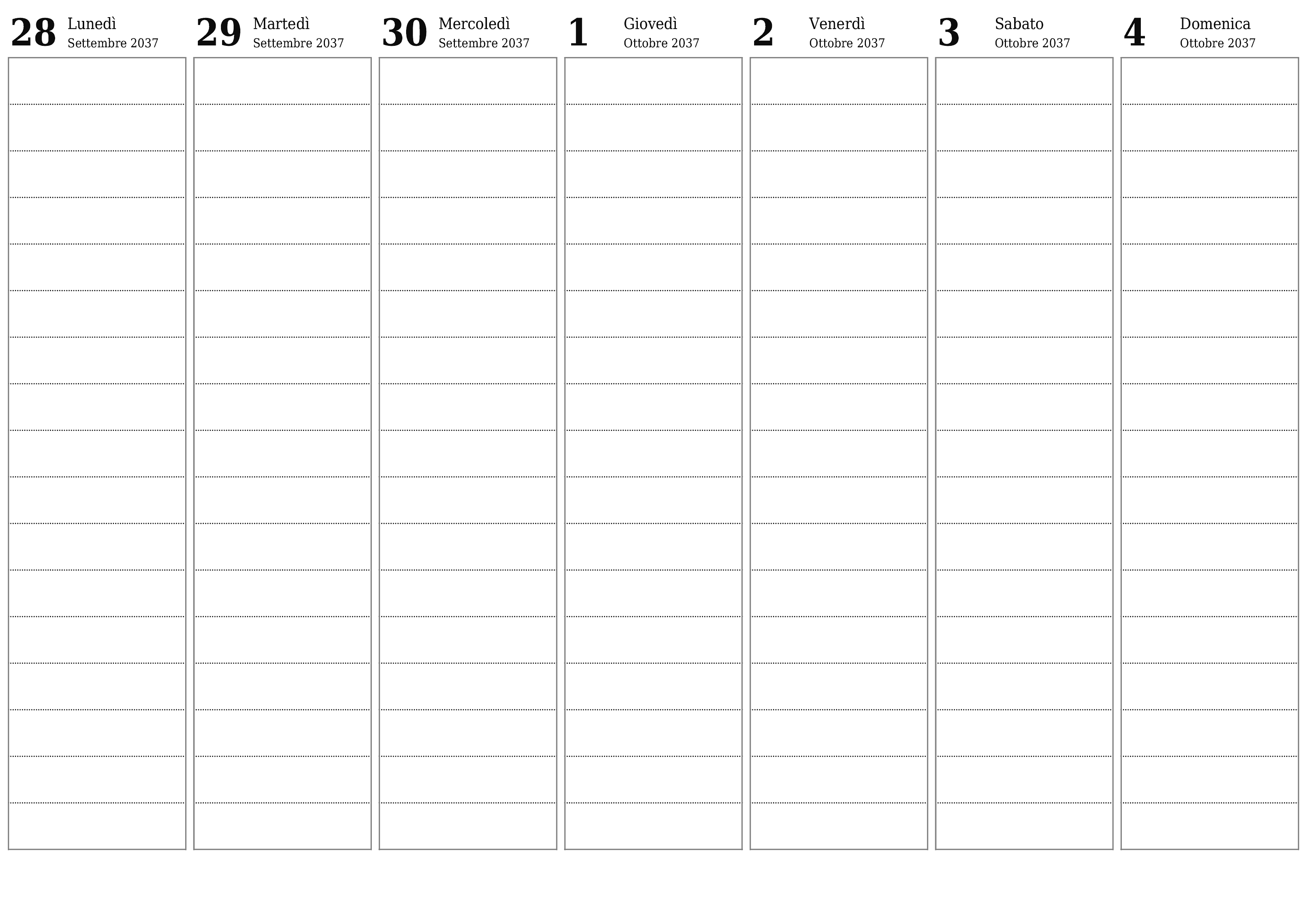 Agenda settimanale vuota per settimane Ottobre 2037 con note, salva e stampa in PDF PNG Italian