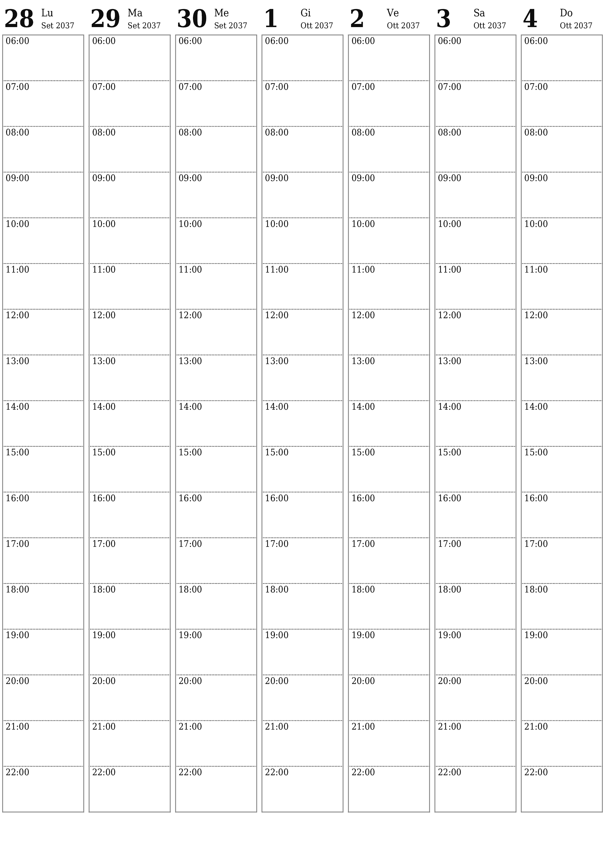 Agenda settimanale vuota per settimane Ottobre 2037 con note, salva e stampa in PDF PNG Italian
