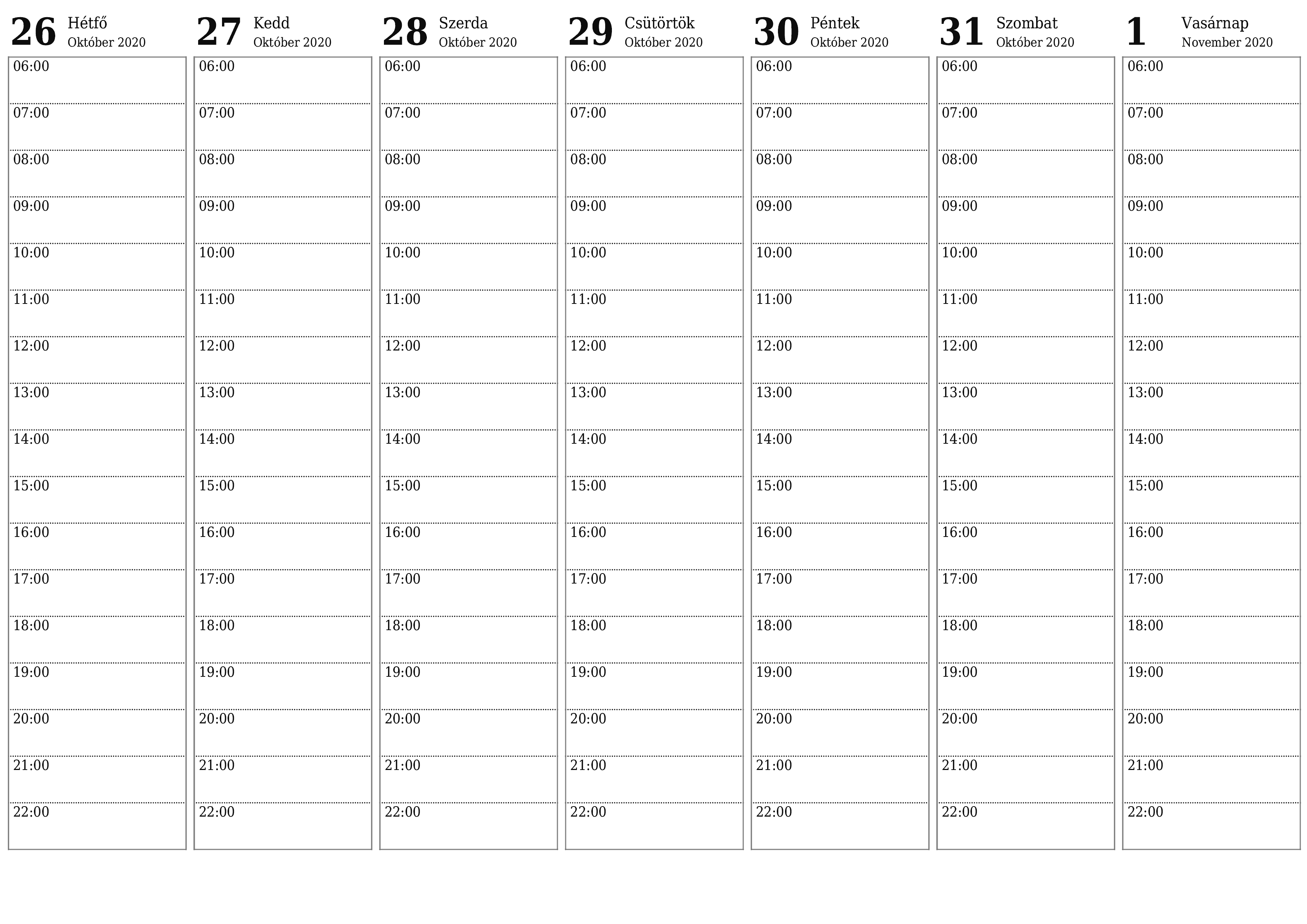 Heti tervező ürítése hetekre November 2020 jegyzetekkel, mentés és nyomtatás PDF-be PNG Hungarian