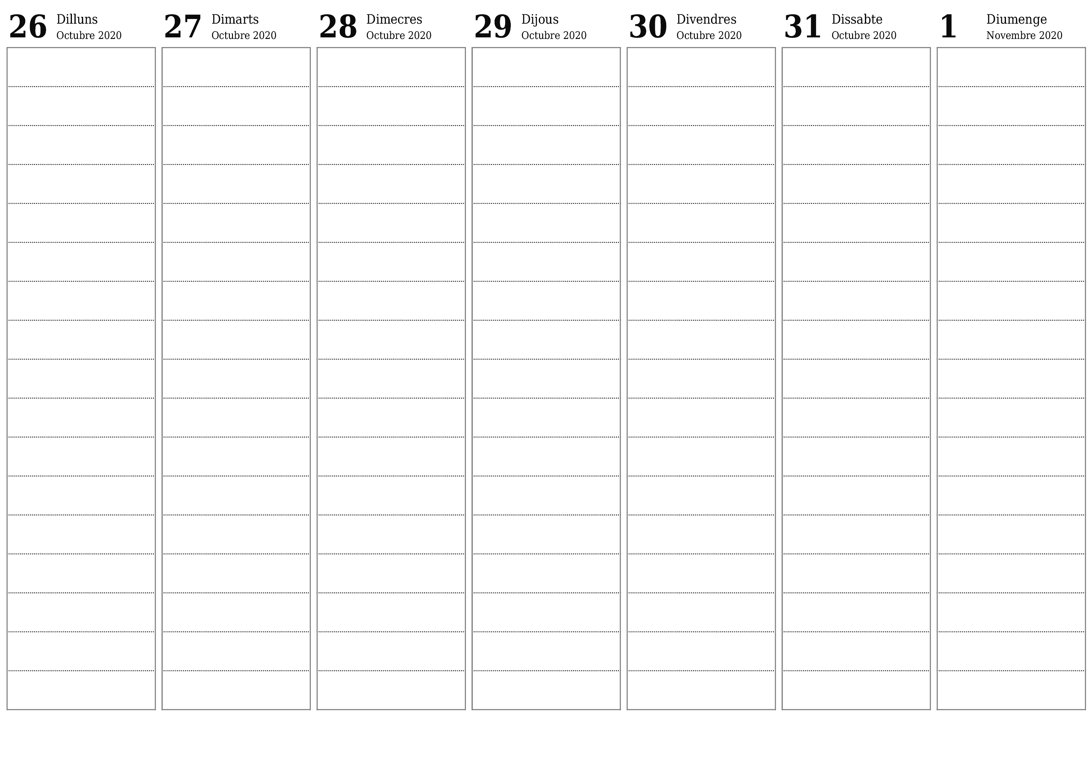 Planificador setmanal buit durant setmanes Novembre 2020 amb notes, deseu-lo i imprimiu-lo en format PDF PNG Catalan